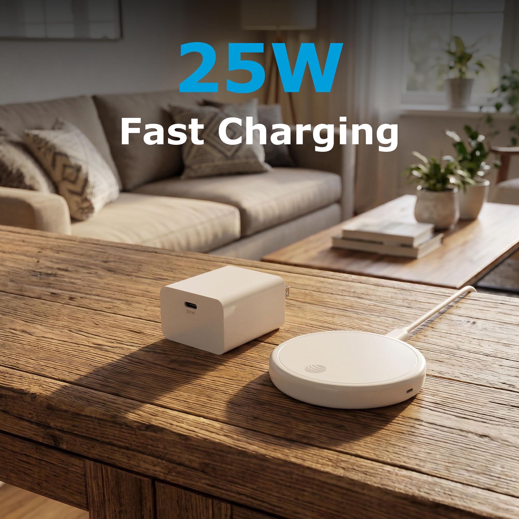 AT&T 25W Qi2 2 Pad di ricarica wireless magnetico costruito in cavo USB C | Rilevamento di oggetti estranei, allineamento magnetico, design compatto sottile, telefoni compatibili, comodino da scrivania