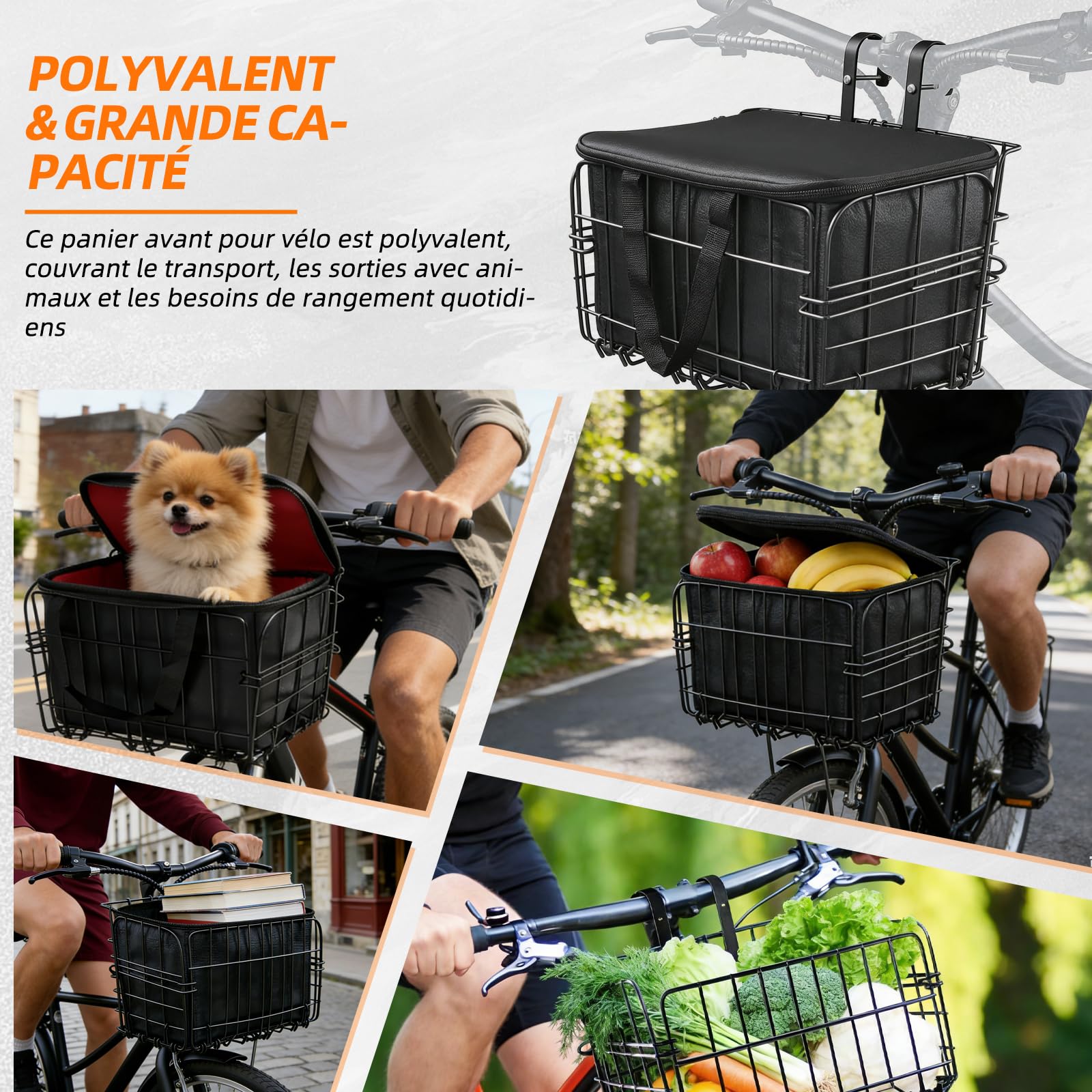 Panier de vélo unisexe pour vélo avant, amovible, grande capacité, convient pour les vélos électriques, les VTT, les vélos de ville et les vélos de loisirs. (panier avant pliable)
