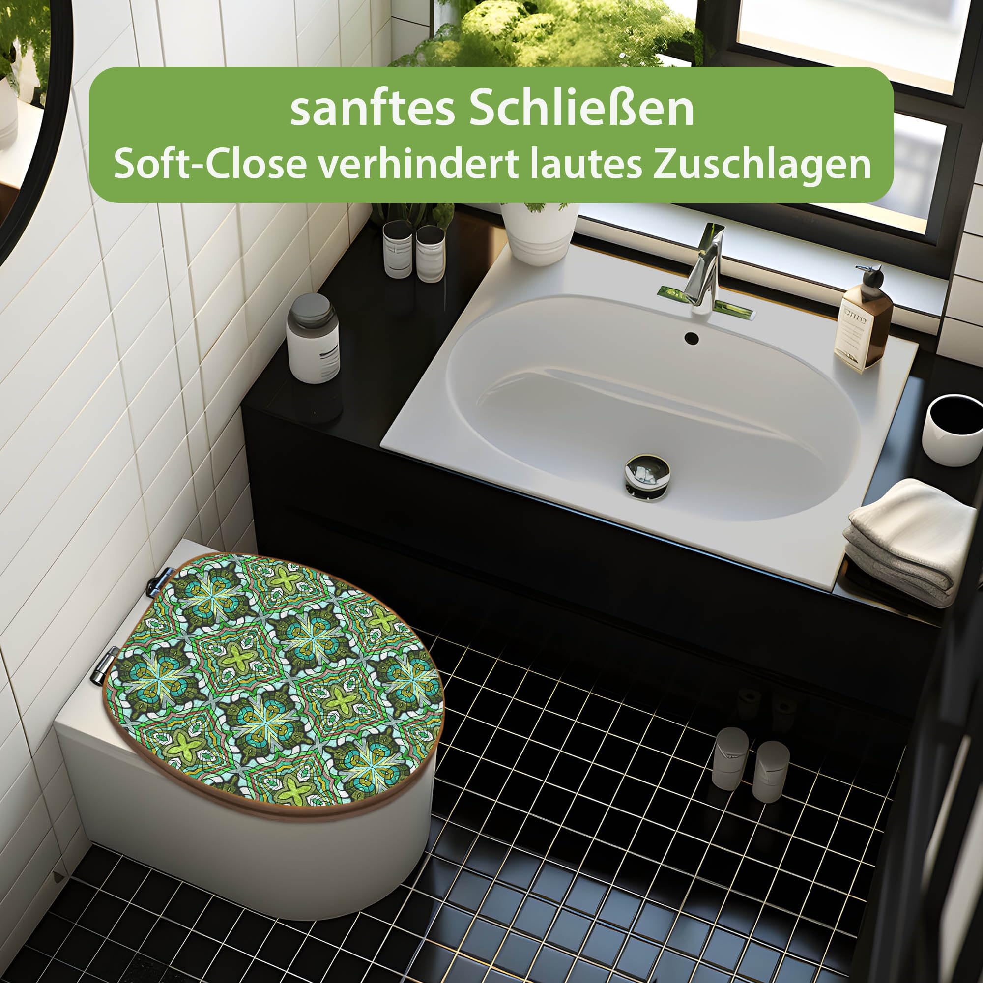 banjado Design WC Sitz Bambus Absenkautomatik 45,8x37,5cm - Toilettendeckel mit Absenkautomatik Holz - hochwertiger Bambus Klodeckel - WC-Sitz für gängigen Toiletten - Motiv Grünes Muster