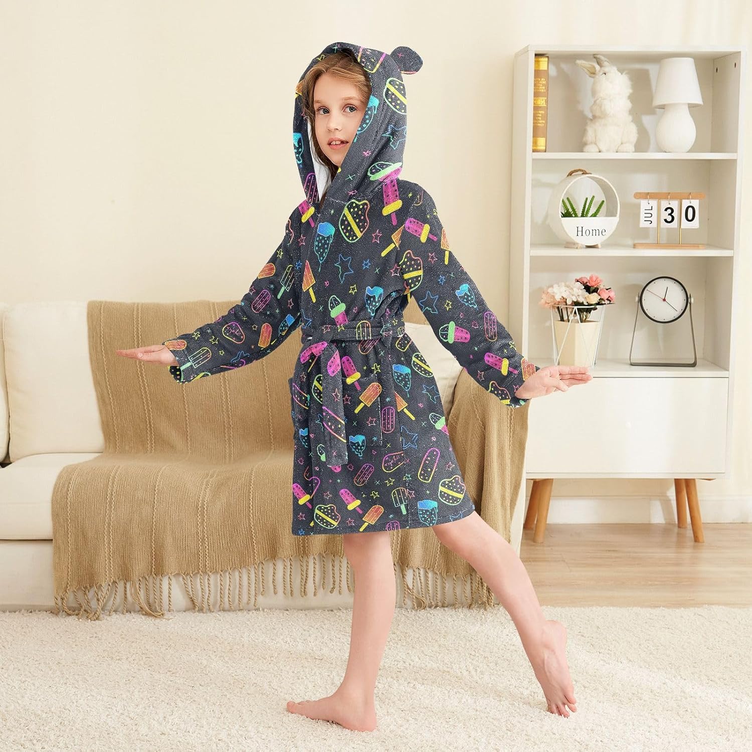 senya Ice Cream and Stars Toddler Hooded Bathrobe Kids Soft Plush Bath Towel Robes for Boys Girls 2-12 Years
