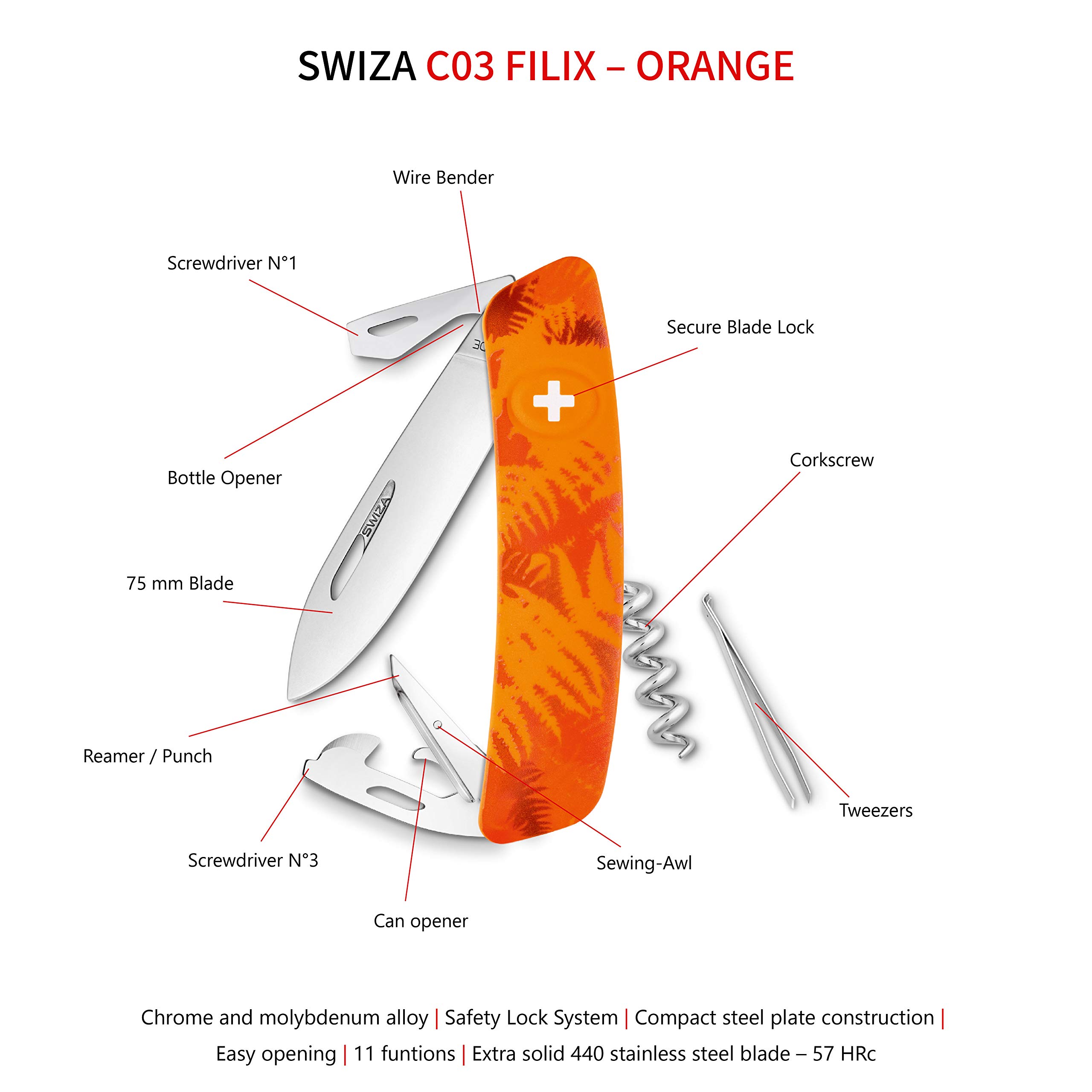 SWIZA Suisse Canif D03 Camo Fougère Orange, antidérapante, 11 Caractéristiques
