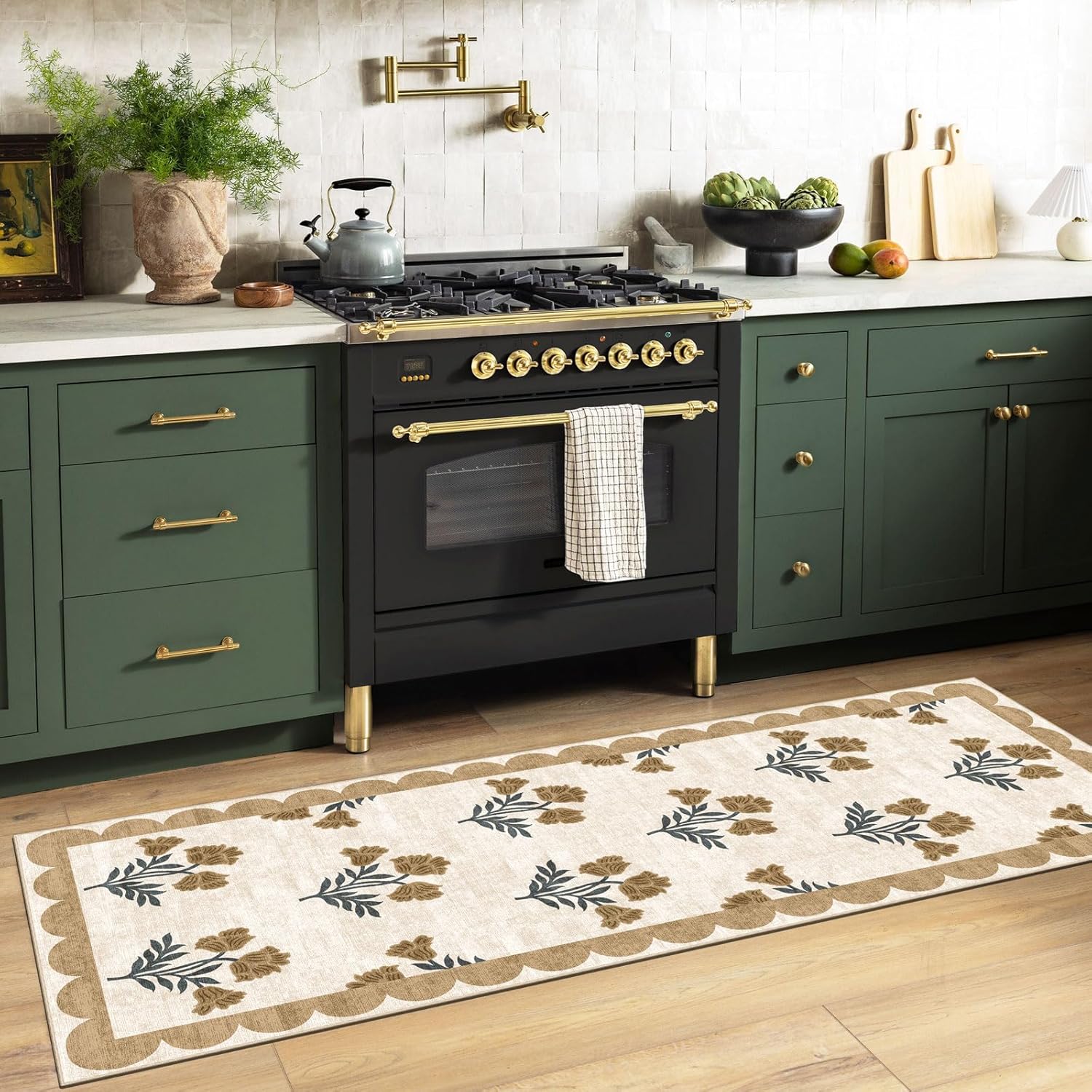 Non Slip Washable Kitchen Runner Rug - 2x8 Long Beige Hallway Runner Rugs Soft Boho Runners for Hallways Vintage Floral Scalloped Runner Rug for Bedroom Entryway Laundry Room Bathroom Foyer