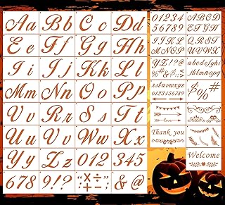 Calligraphy Stencil Letters,45 Pcs Reusable Large Letter Stencils Includes Lettering Upper and Lowercase Both Large and Small,Numbers,Punctuation and Flowers,Stencils for Arts Crafts Painting Wood