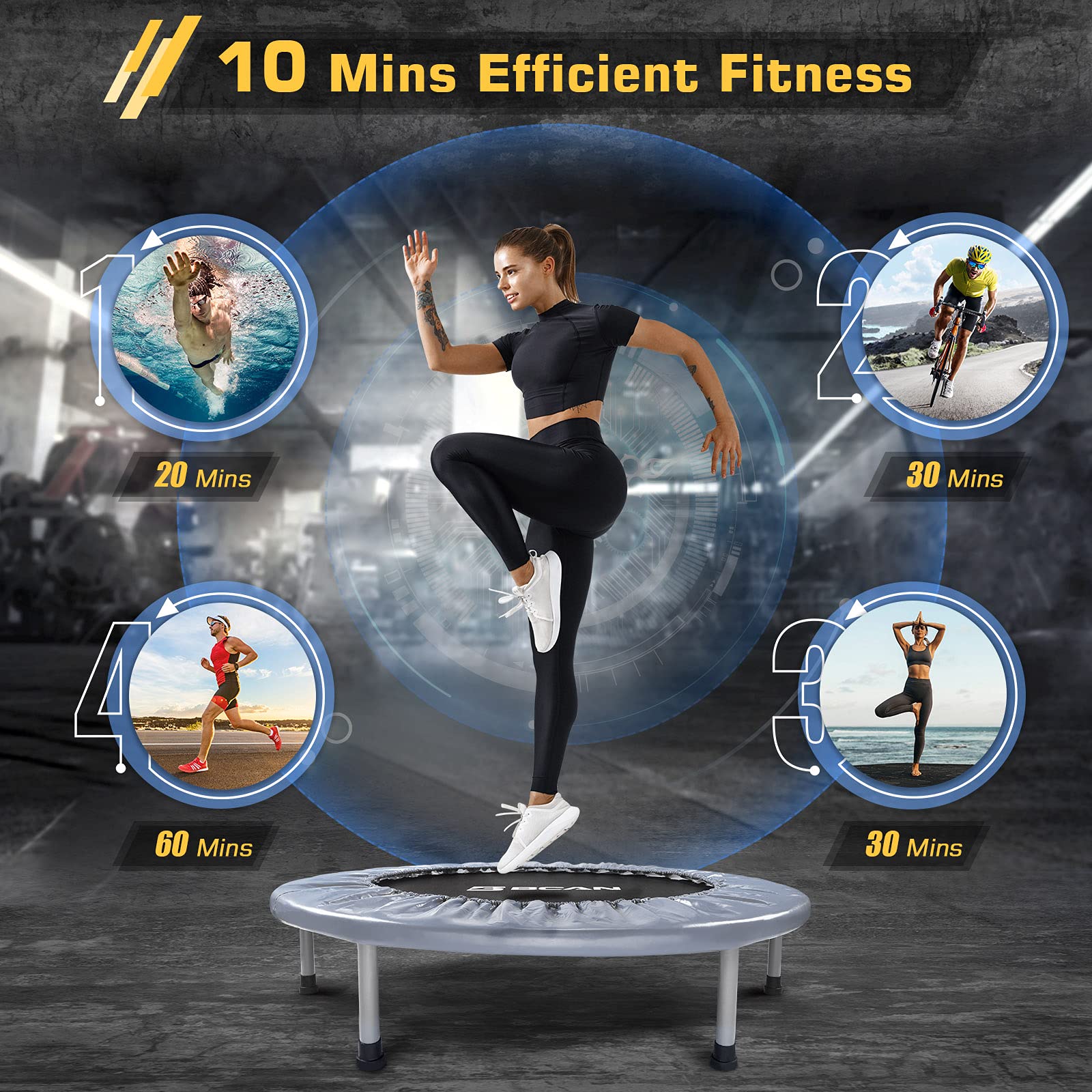 BCAN 38" Foldable Mini Trampoline, Fitness Trampoline with Safety Pad, Stable & Quiet Exercise Rebounder for Kids Adults Indoor/Garden Workout Max 300lbs - Grey