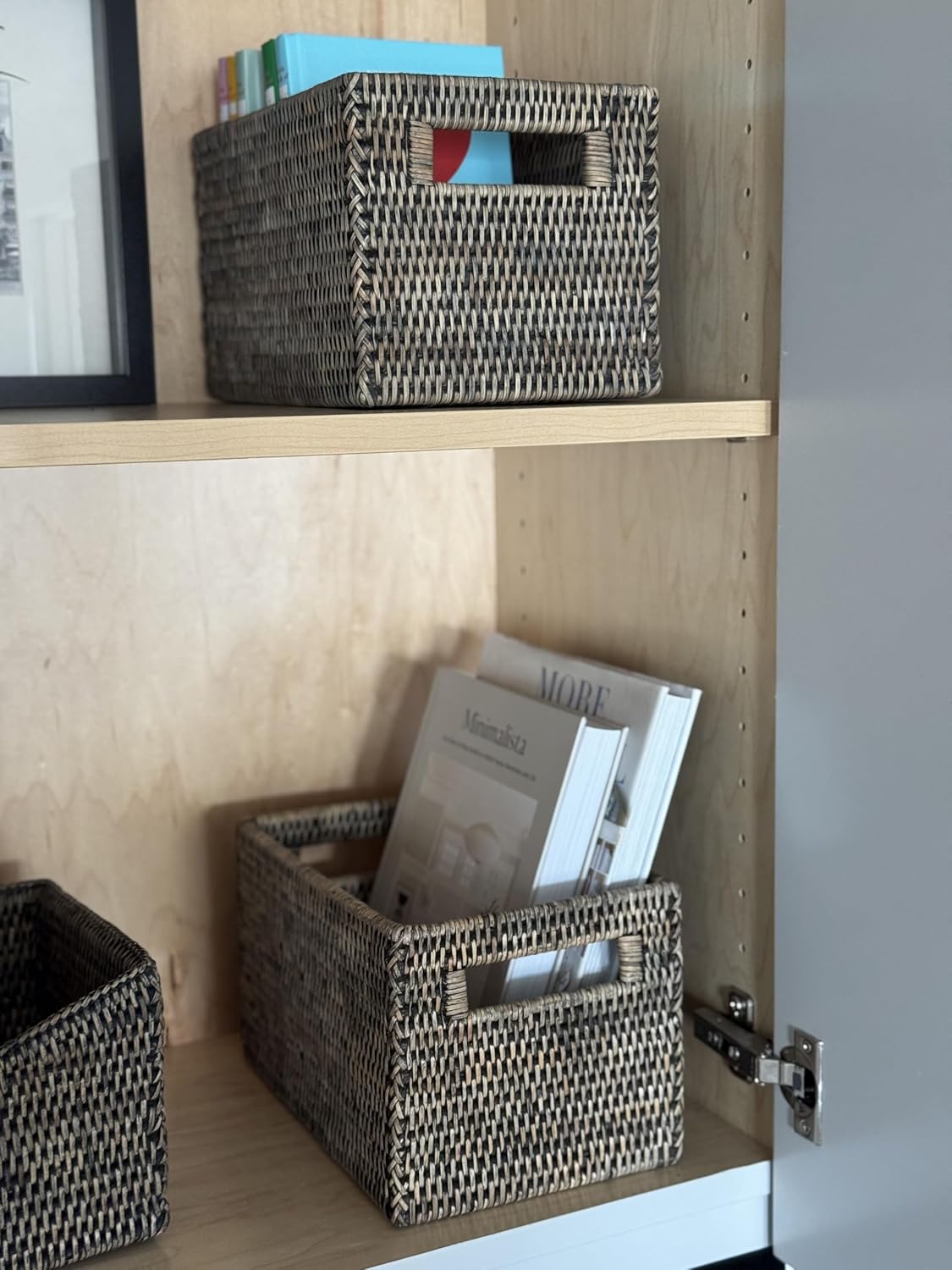 La Jolla Rattan Shelf Basket with Handles Small Black Wash