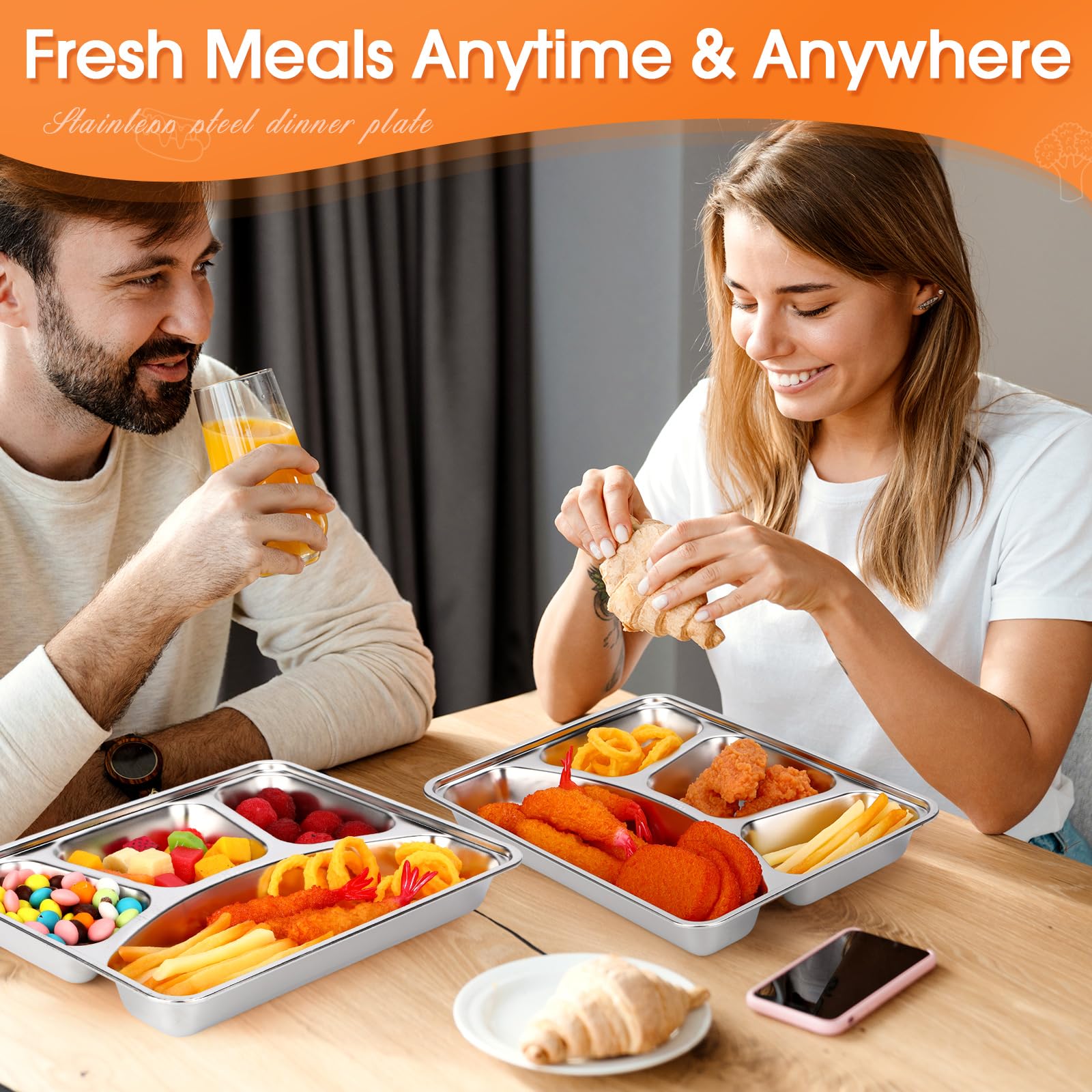 Patelai Lot de 6 boîtes à goûter en acier inoxydable avec couvercles transparents - 4 compartiments - Boîte à bento réutilisable - Pour le bureau, la maison, les voyages