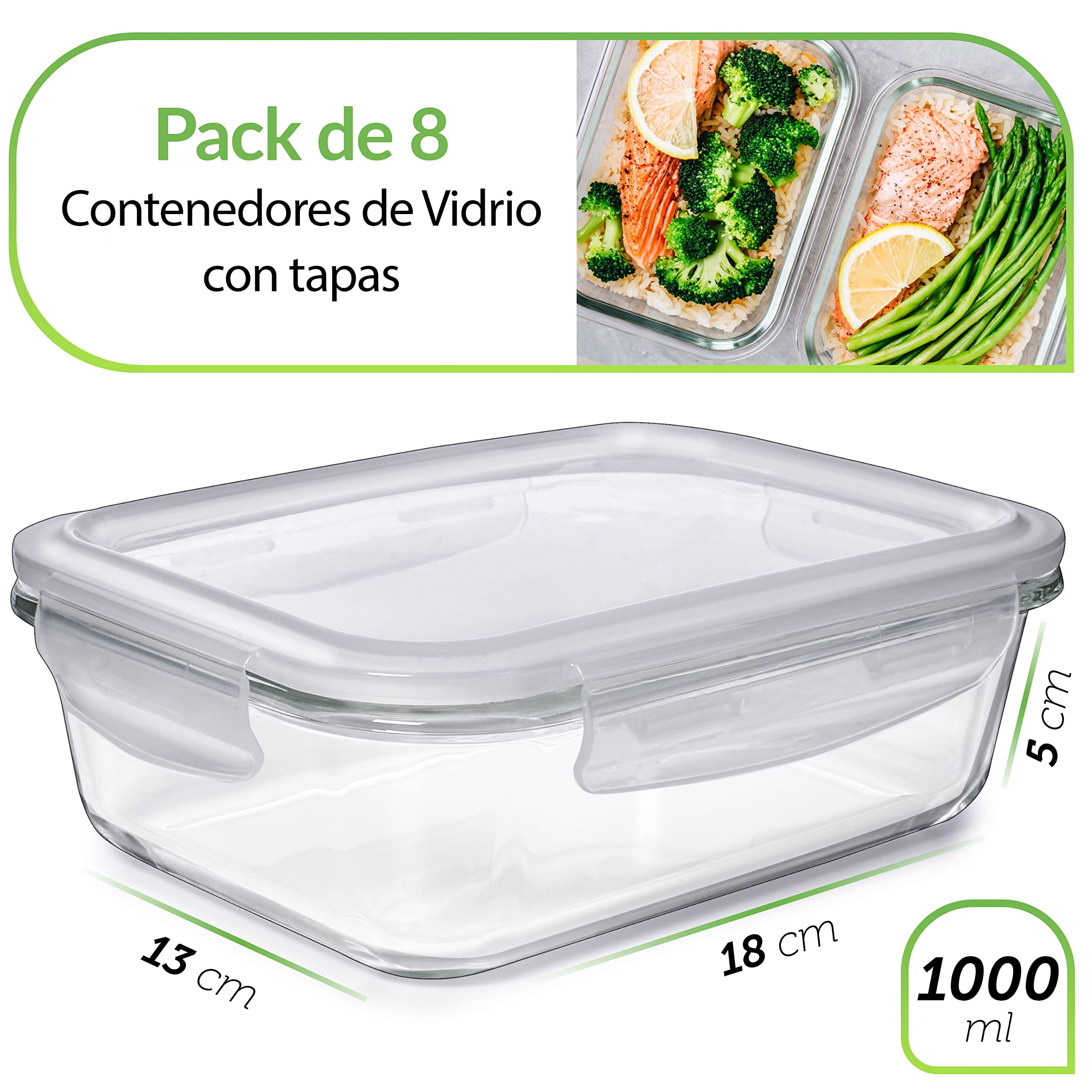 Prep Naturals [8 Pieza 1000 ml] Recipientes para Alimentos - Juego de Recipientes de Cristal para Alimentos Hermético - Contenedores de Alimentos - Apto para Lavavajilla Microondas Congelador