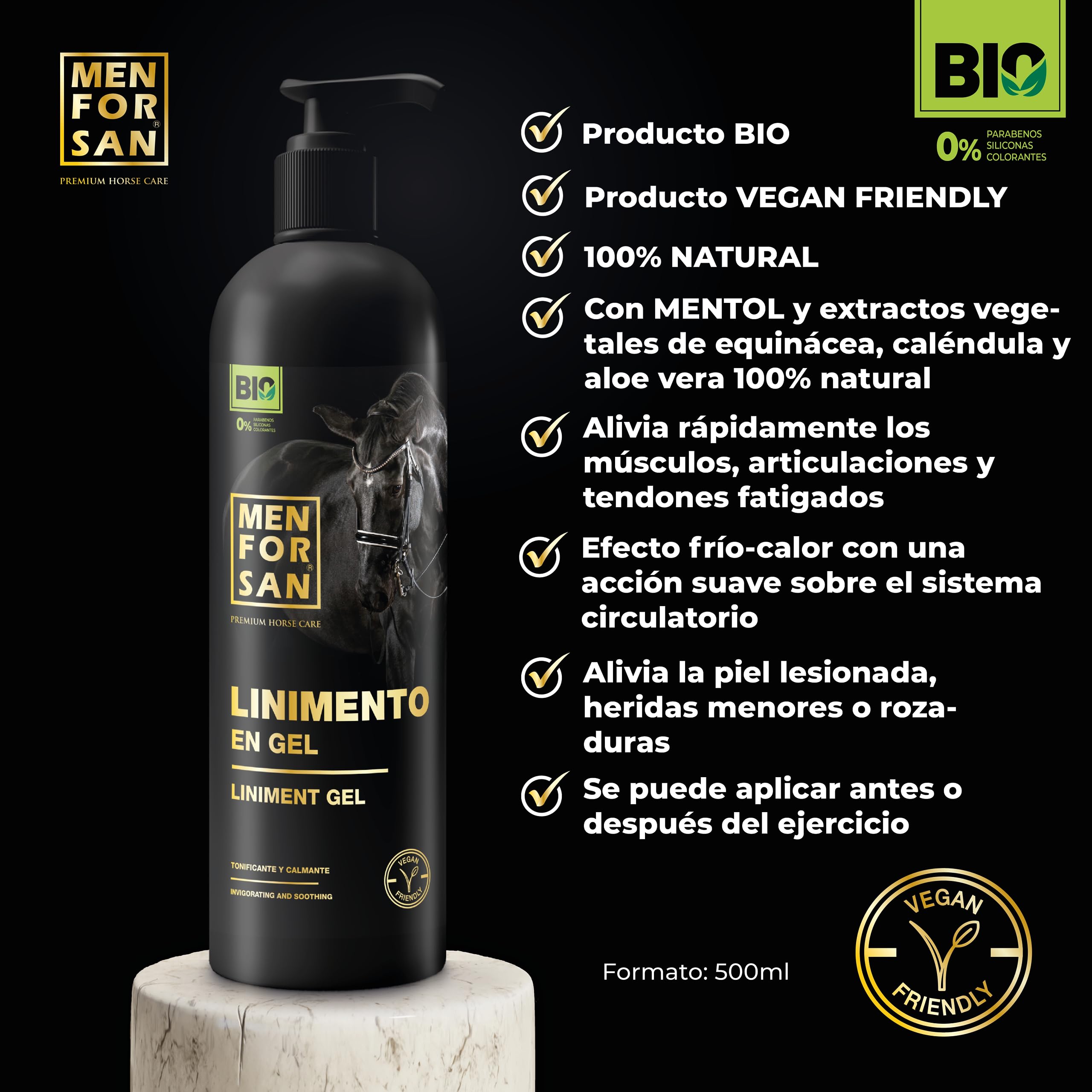 MENFORSAN Gel Liniment pour Chevaux, 500ml | Apaise et stimule Les Muscles | Vegan Friendly, 100% Natural | Premium Horse Care