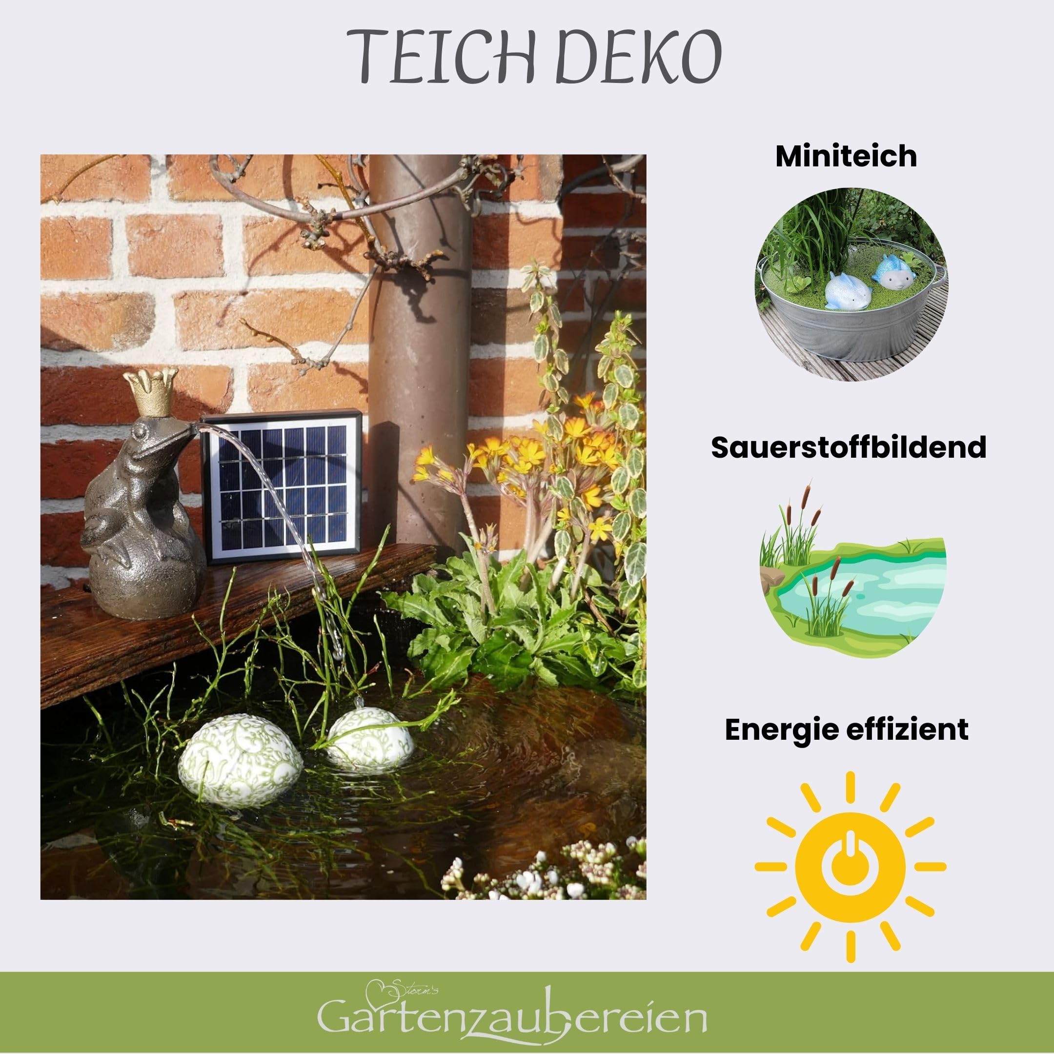 Storm's Gartenzaubereien Wasserspeier Froschkönig auf Kugel mit Solarpumpe 19cm für Miniteich als Teichdeko - Gartendeko