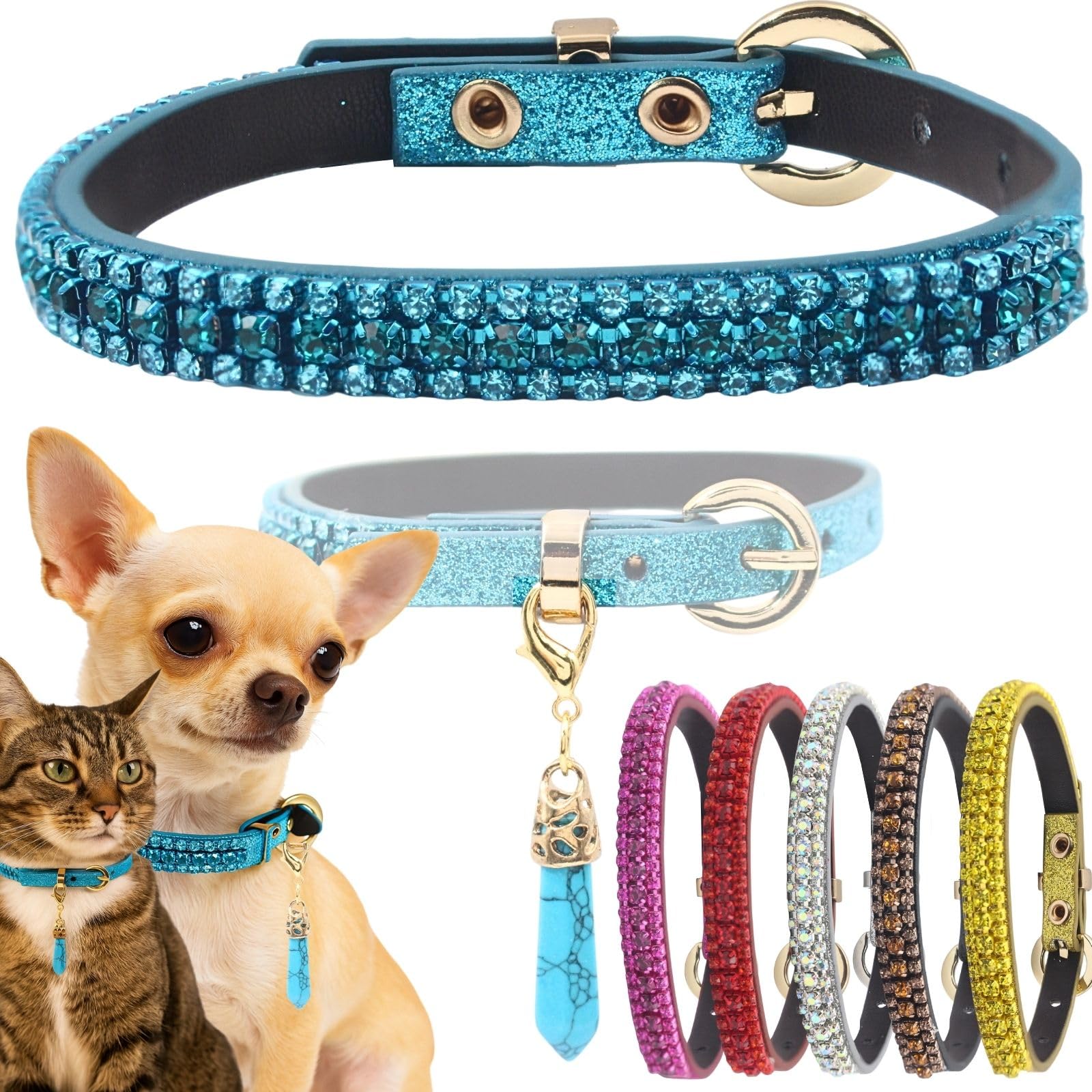 PEARLY JUN Blue Diamante Dog Collar XXS Rhinestone Bling Dog Collar for Small Cat Cute Luxury Crystal Pet Puppy