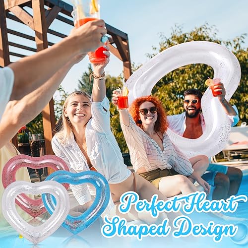 Miniatura 5 de Flotador inflable de 3 piezas de corazón para piscina, anillos de natación inflables con purpurina, despedida de soltera, tubo flotador, anillo de