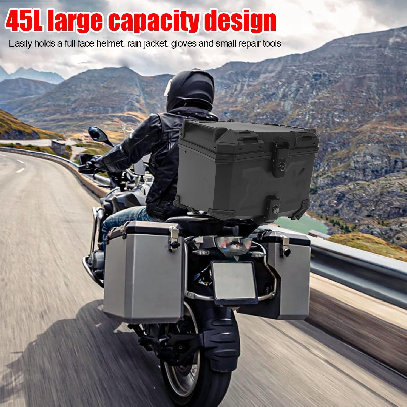 Baúl para Motocicleta de 45 L, Impermeabilizante Universal Rea Baúl para Motocicleta de 45 L, Caja de Herramientas Universal para Almacenamiento de Equipaje Trasero con Liberación Rápida para