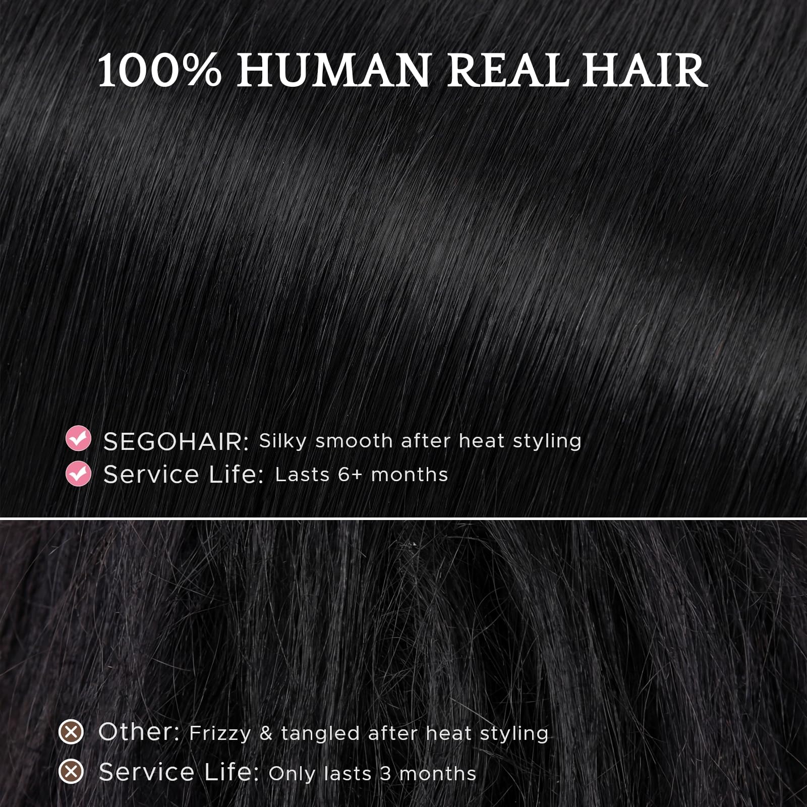 SEGOHAIR Clip in Extensions Echthaar, Glatt Clip Hair Highlights Haarverlängerung Natürlich für Frauen Damen 5-teiliges Set (1 großes Teil + 4 einzelne Clips)#01 Schwarz 50cm 52g