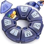 Round Weekly Pill Organizer, Soft-Touch Silicone, Travel Pill Container 7 Day, with 7 Large Compartments, Great for Daily Vitamins & Supplements, Cute Pill Case with Large Letters and Braille (Blue)