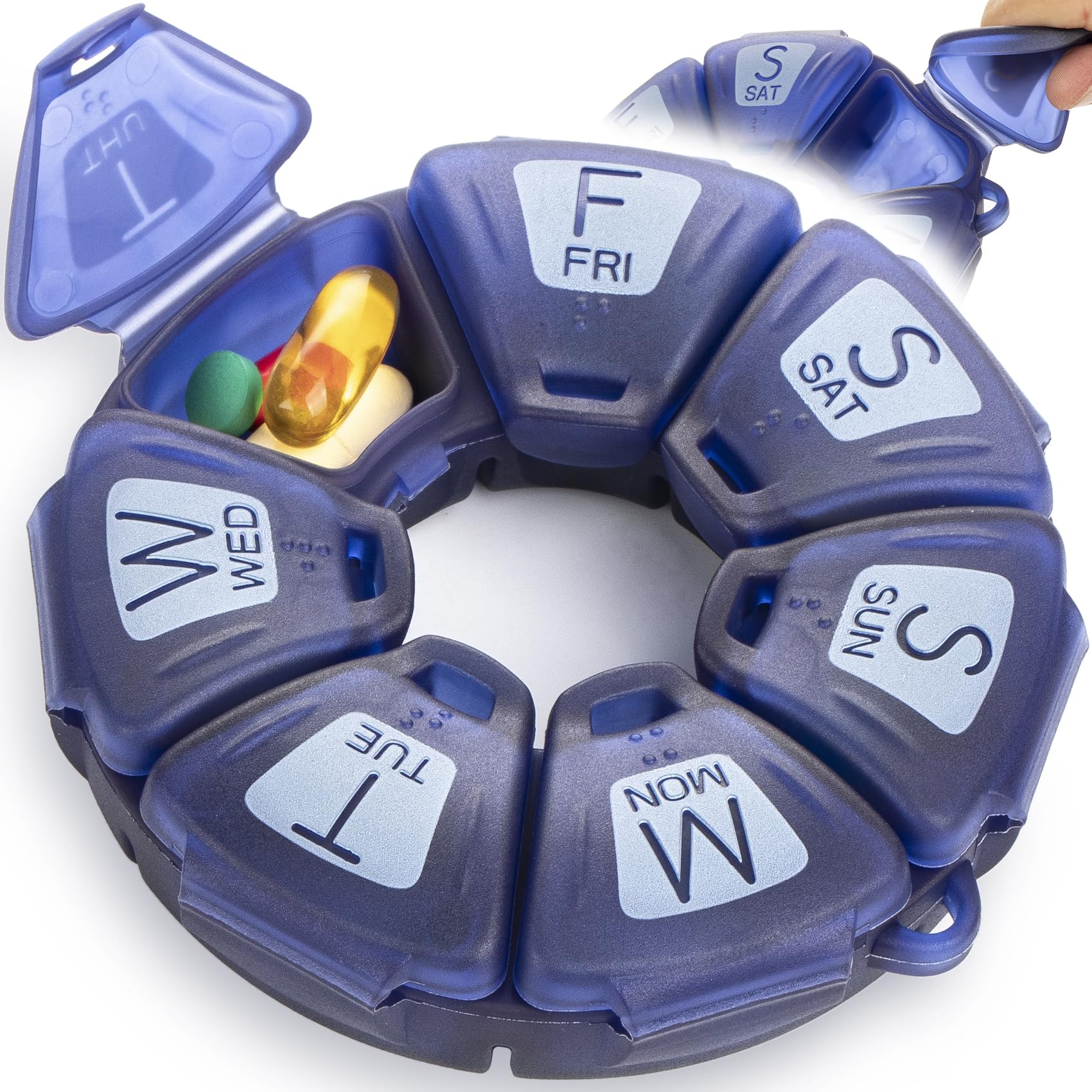 Photo 1 of Round Weekly Pill Organizer, Soft-Touch Silicone, Travel Pill Container 7 Day, with 7 Large Compartments, Great for Daily Vitamins & Supplements, Cute Pill Case with Large Letters and Braille (Blue)