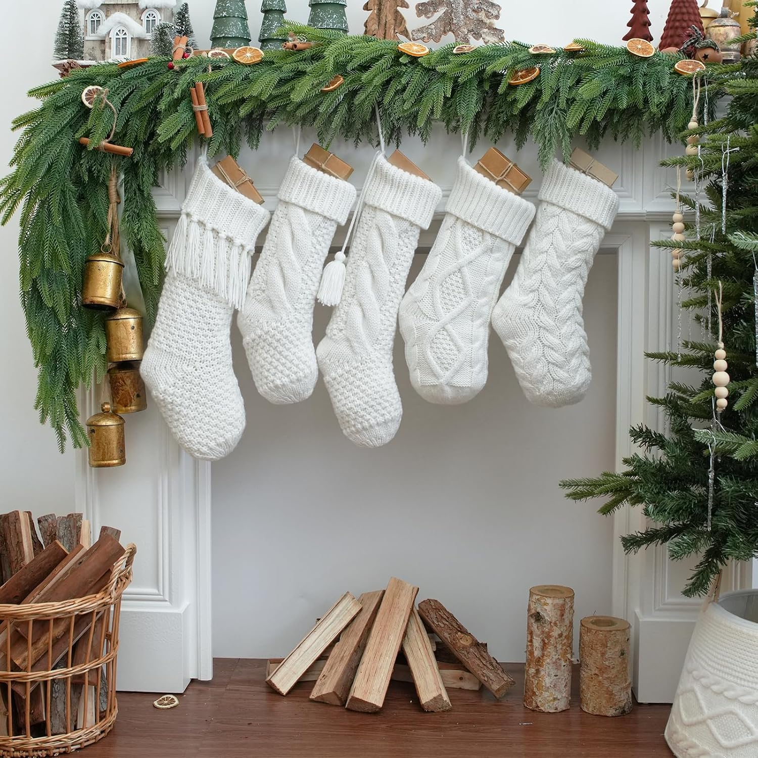 steo spce 5 Pack White Farmhouse Christmas Stockings – Rustic Boho Vintage Cable Knit Set, Includes 3 Small 15” and 2 Large 18” Knitted Stockings for Fireplace Mantel Hanging Holiday Décor