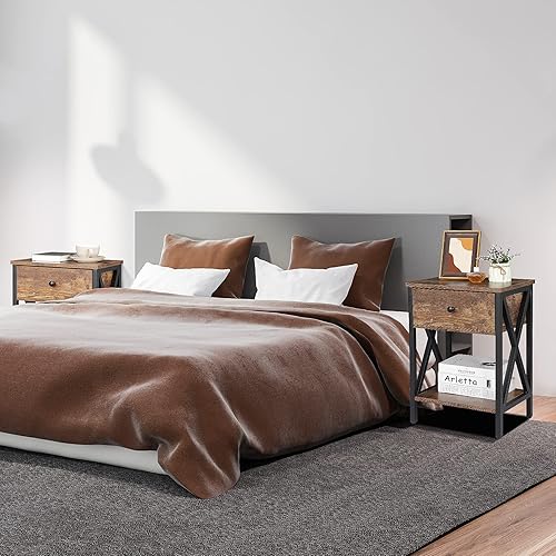 Miniatura 5 de ZenStyle Juego de 2 mesitas de noche, mesas auxiliares industriales con cajón y estante de almacenamiento, mesita de noche para sala de estar,