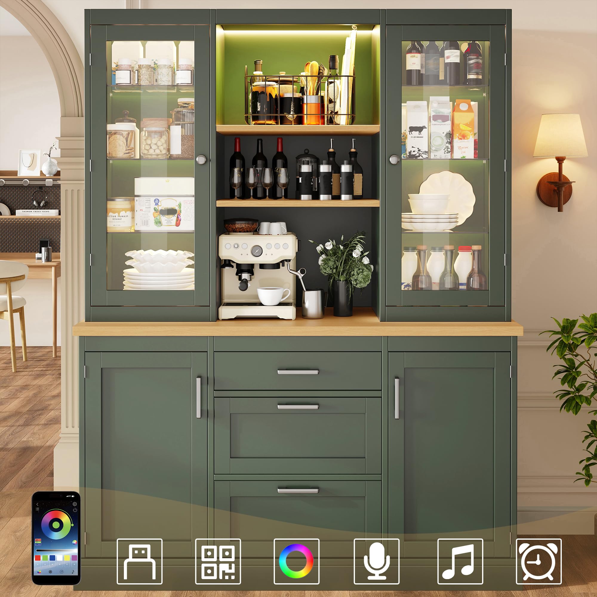 Armadio da cucina con illuminazione a LED, controllo app, 185 x 140 x 40 cm, 3 cassetti, piano di lavoro, ripiani regolabili, nero/bianco/verde