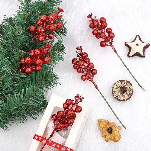Miniatura 6 de DIYASY Tallos artificiales de bayas rojas, 20 piezas de 7.8 pulgadas con purpurina para adornos del árbol de Navidad, corona de Navidad, decoración