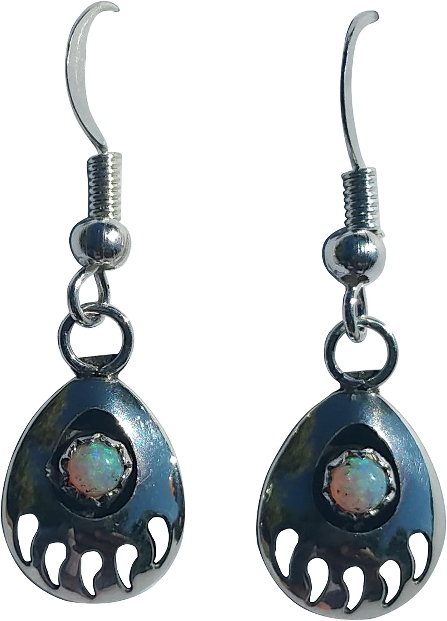 Small St. Sterling Silver 925 Bear Claw Created Fire Opal Handcrafted Navajo Dangling Earrings -Sterling Silver EarWire