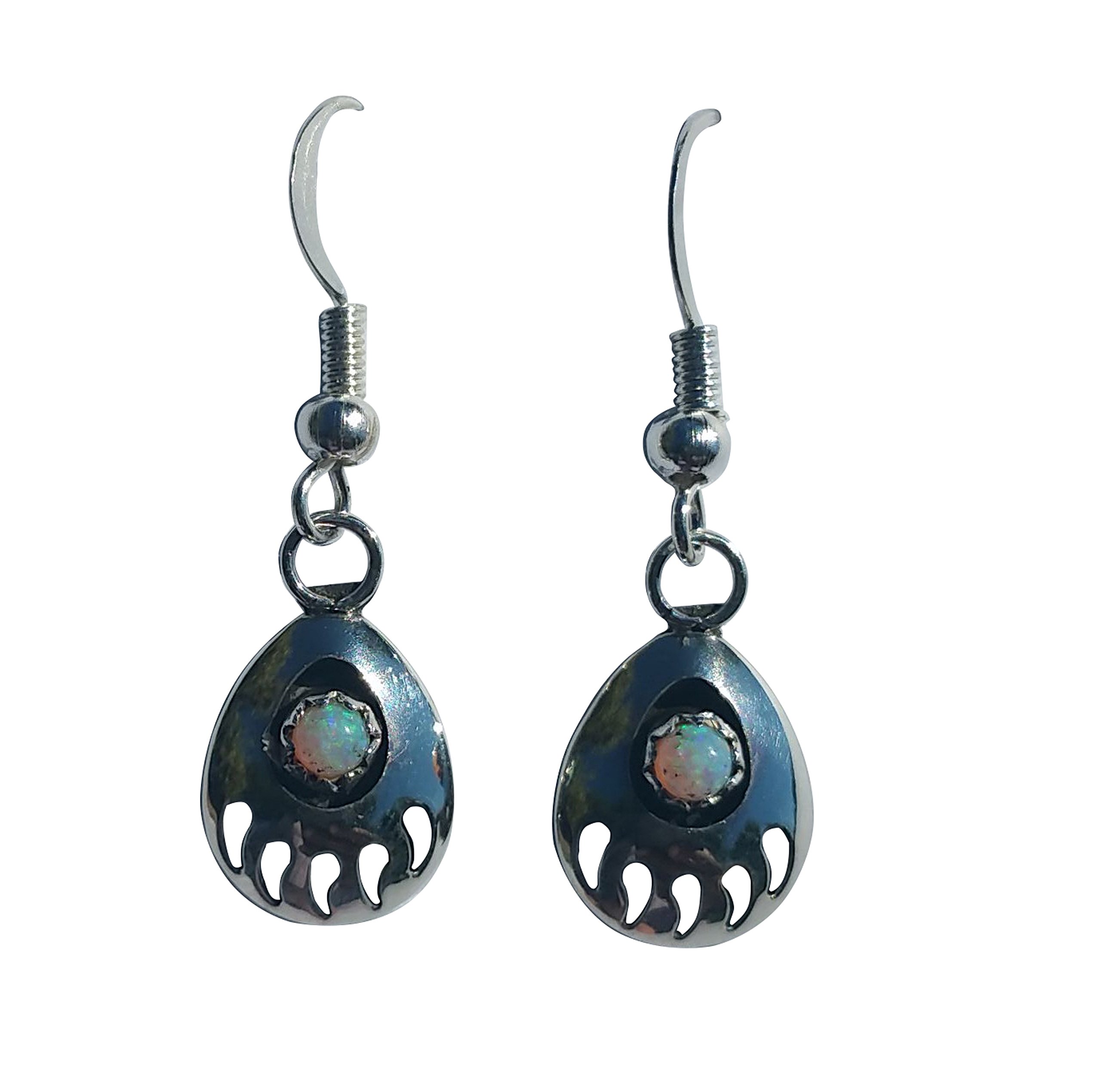 Small St. Sterling Silver 925 Bear Claw Created Fire Opal Handcrafted Navajo Dangling Earrings -Sterling Silver EarWire
