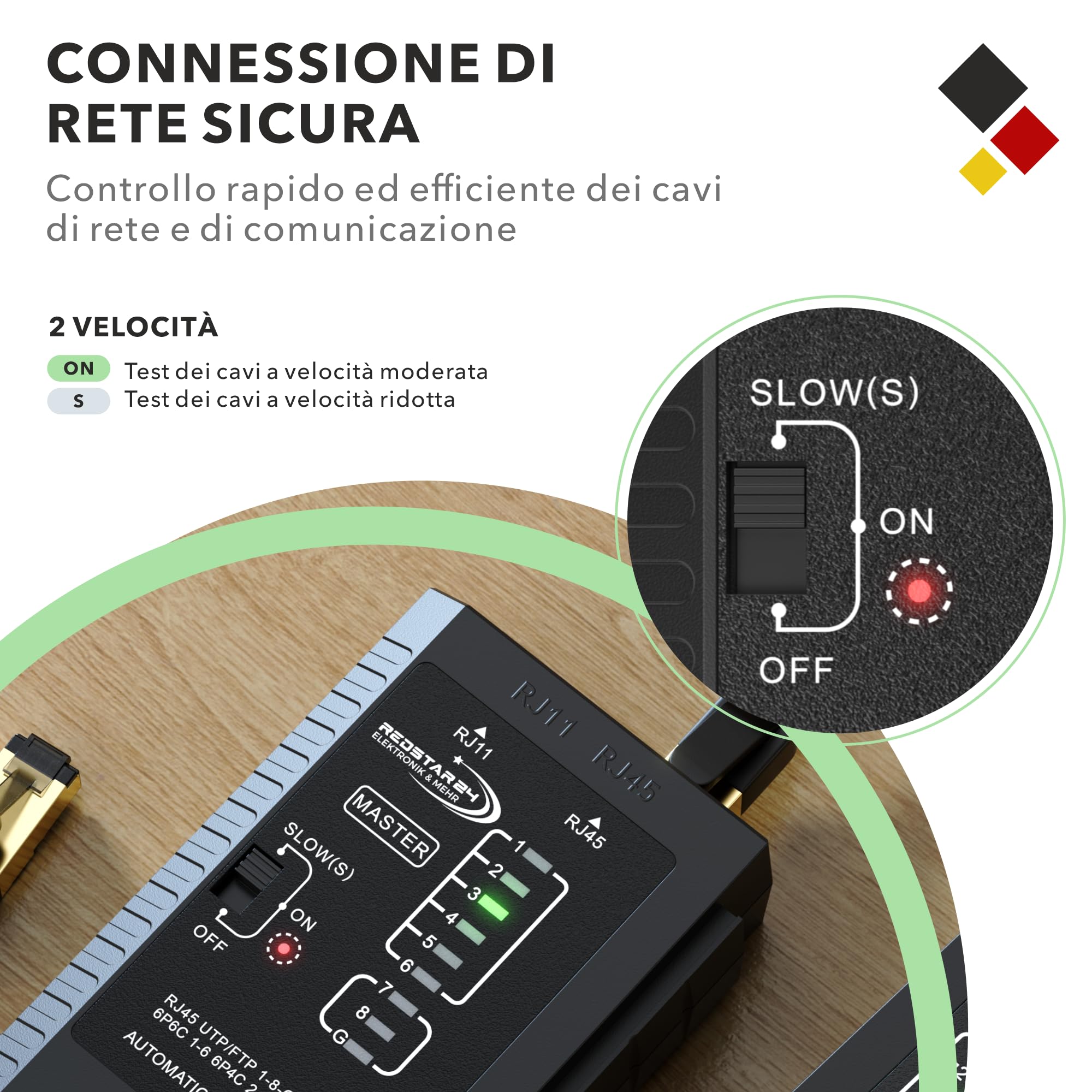 RedStar24 Tester di Rete - Tester Cavi LAN con RJ11, RJ12, RJ45 per Patch - LED di Prova per Test Precisi e Verifica di LAN e Cavo di Rete - Ideale per Test Cavi Patch e Linee