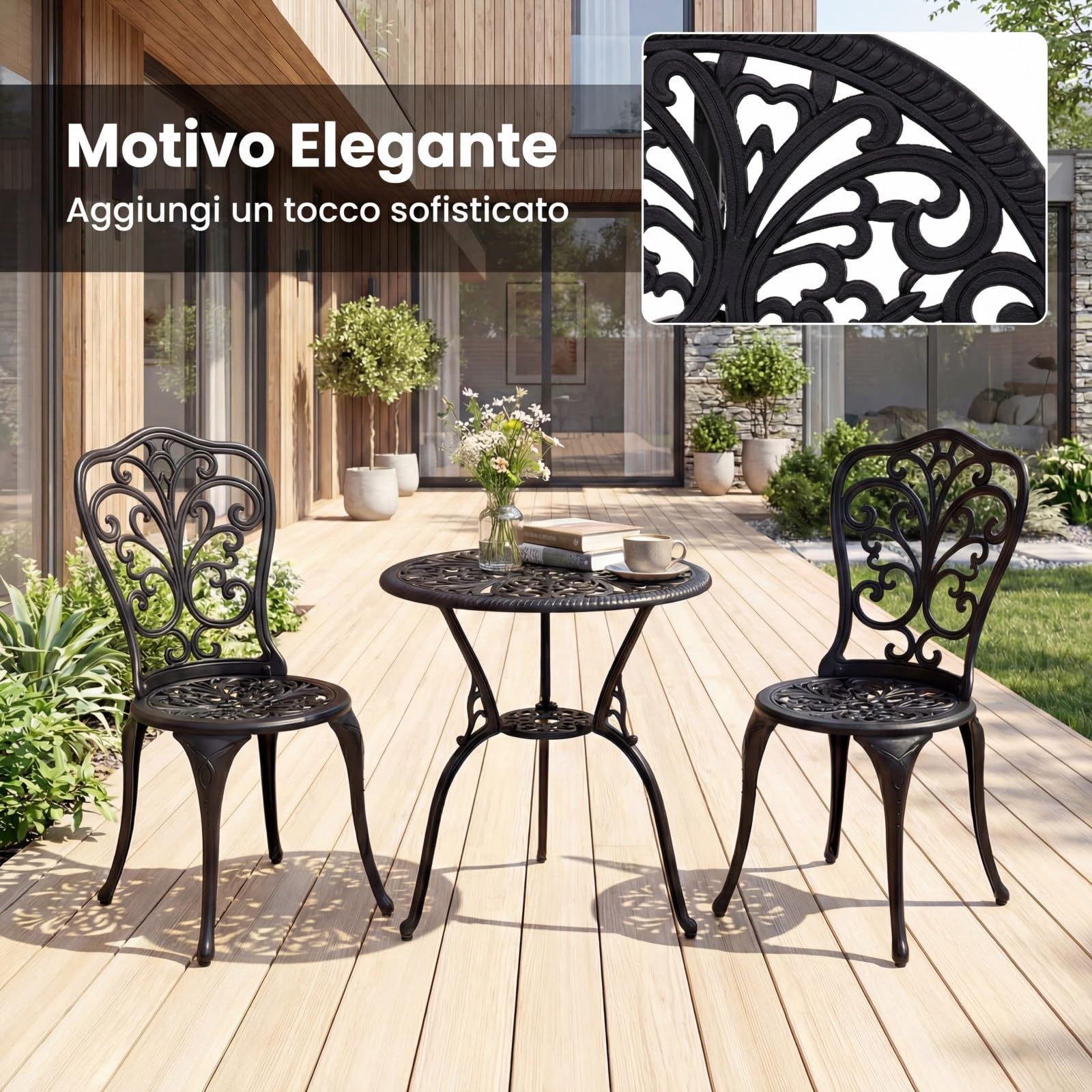 COSTWAY Set Tavolino e Sedie in Alluminio 3 Pezzi, Set Bistro da Esterno con Foro per Ombrellone, Mobili da Giardino per Cortile Patio Terrazza (Modello 3)