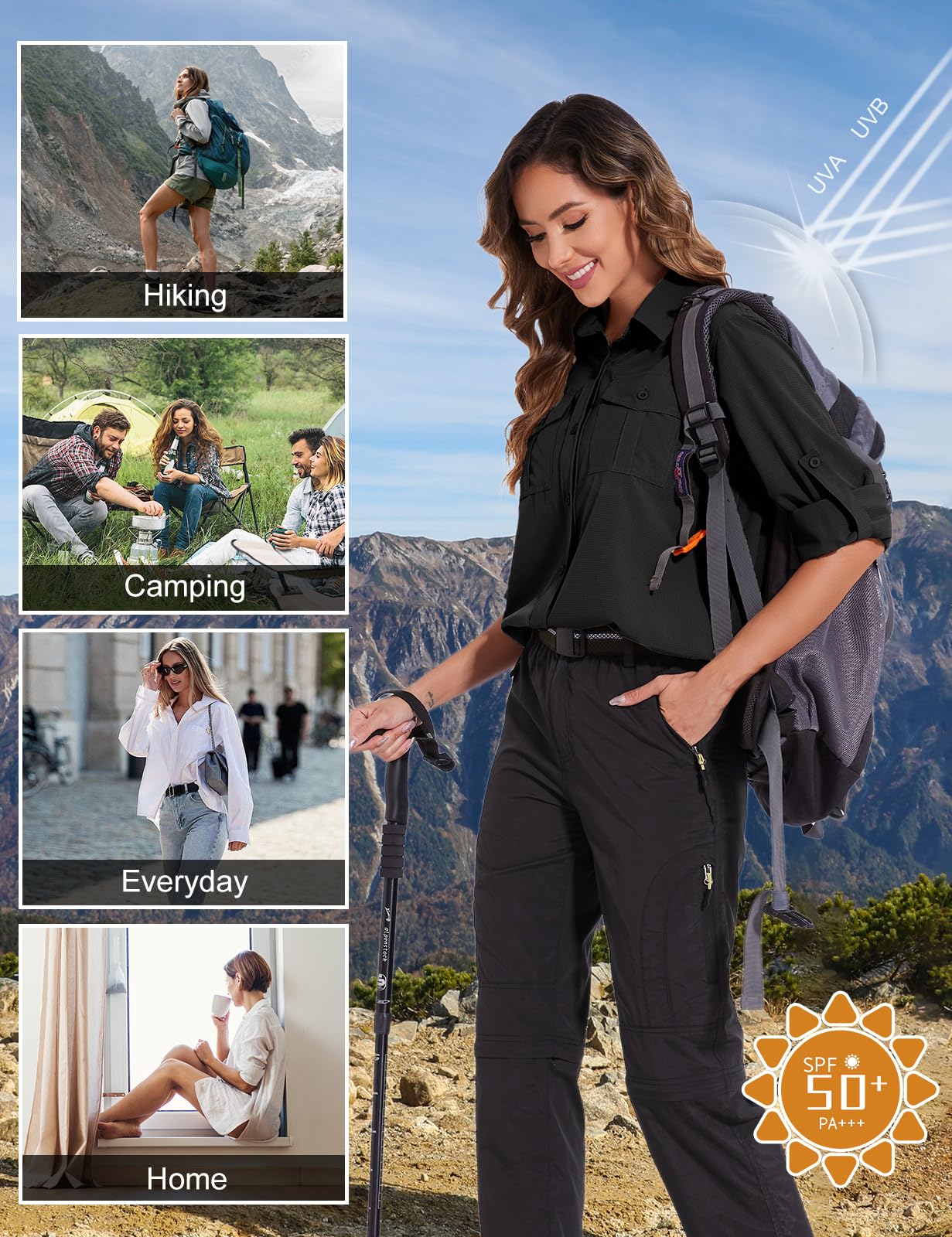 Tuopuda Blusa de Manga Larga para Mujer con Cuello en V Suelta Camisa de Secado Rápido con Bolsillos,UPF 50+Protección UV Informal Top Deportivo para Safari,Camping,Viajes