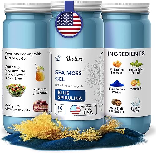 Sea Moss Gel Blue-Spirulina de 16 onzas, fabricado en Estados Unidos, sabor a masa marina irlandesa cruda, vitaminas y minerales esenciales,