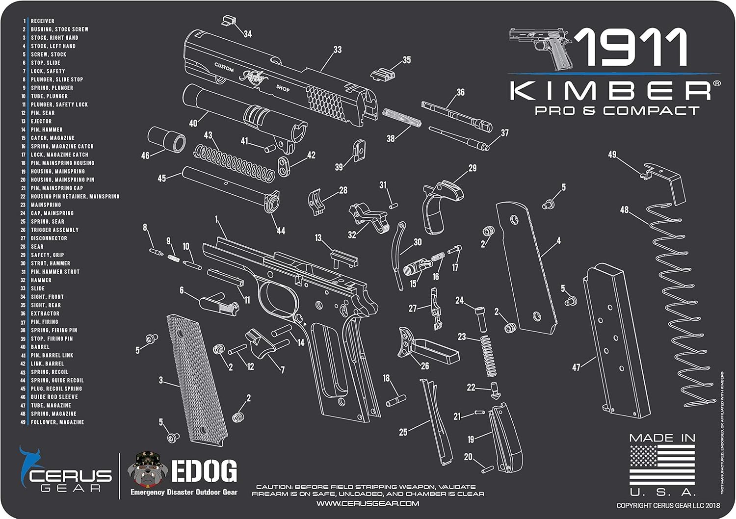EDOG 1911 Schematic Exploded View Heavy Duty Pistol Cleaning Mat Compatible with Kimber PRO & Compact Pistols 12x17 Padded Gun-Work Surface Protector Solvent Oil Resistant & 7 PC Cleaning Essentials