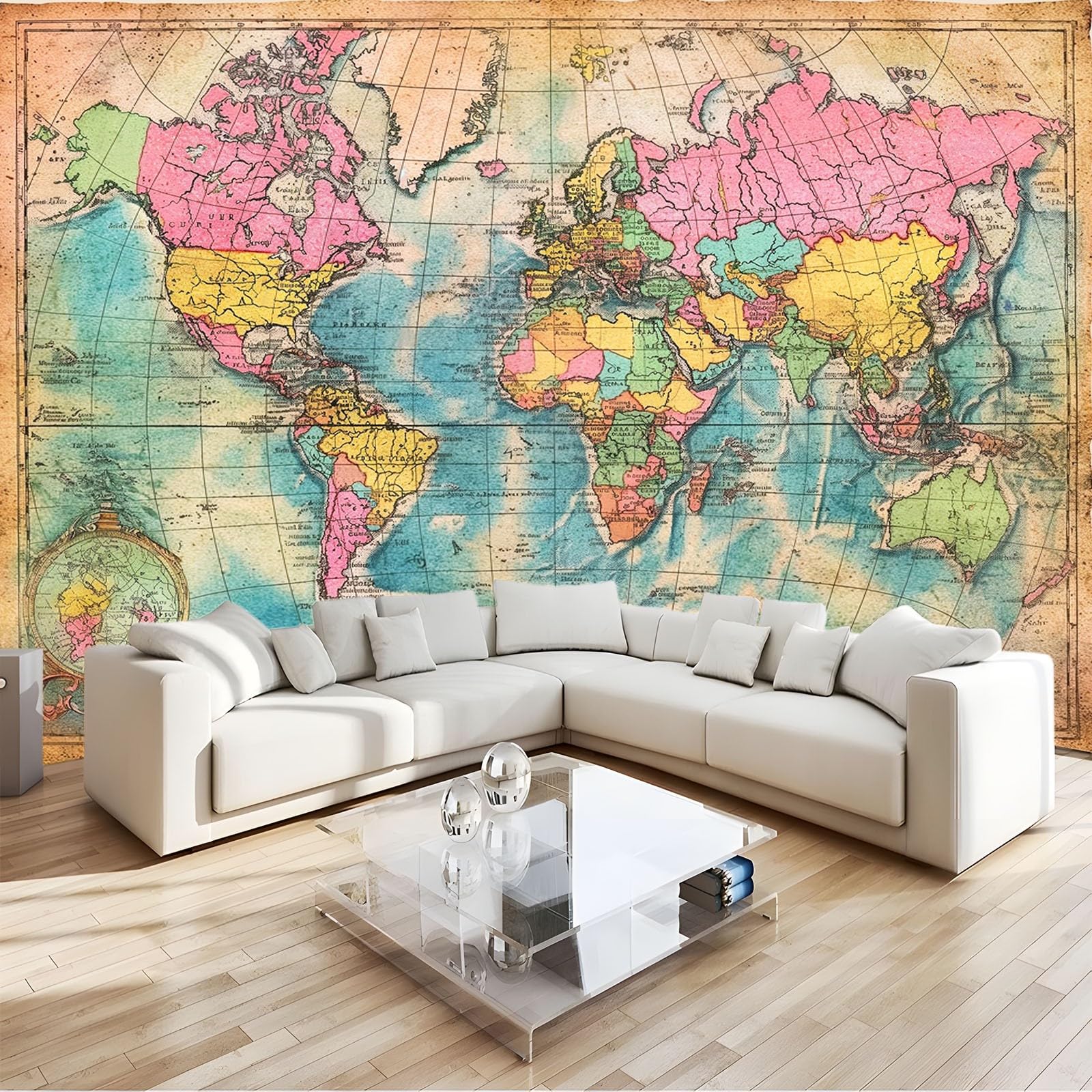 Fototapeta fototapeta mapa świata kolorowa retro 350 x 256 cm plakat mural HD druk 3D włóknina fototapeta, nowoczesny salon sypialnia tło telewizora dekoracja ścienna