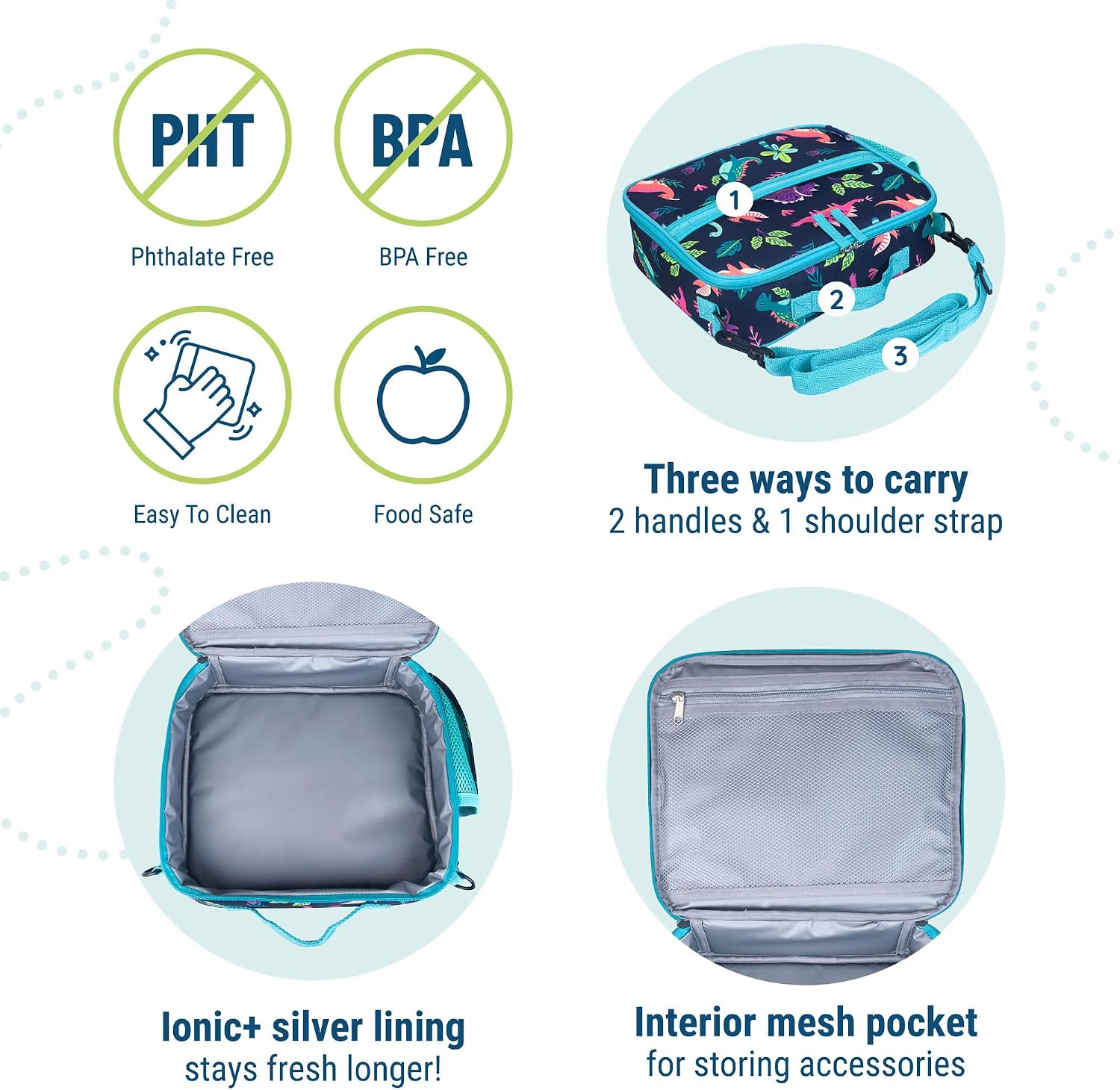 Wildkin Kids ECO rPET Insulated Lunch Box – Keeps Food Hot or Cold, Easy-Clean Lining, Mesh Pockets & BPA-Free – Boys & Girls, Ideal for School, Travel & Daycare – Dino Pals