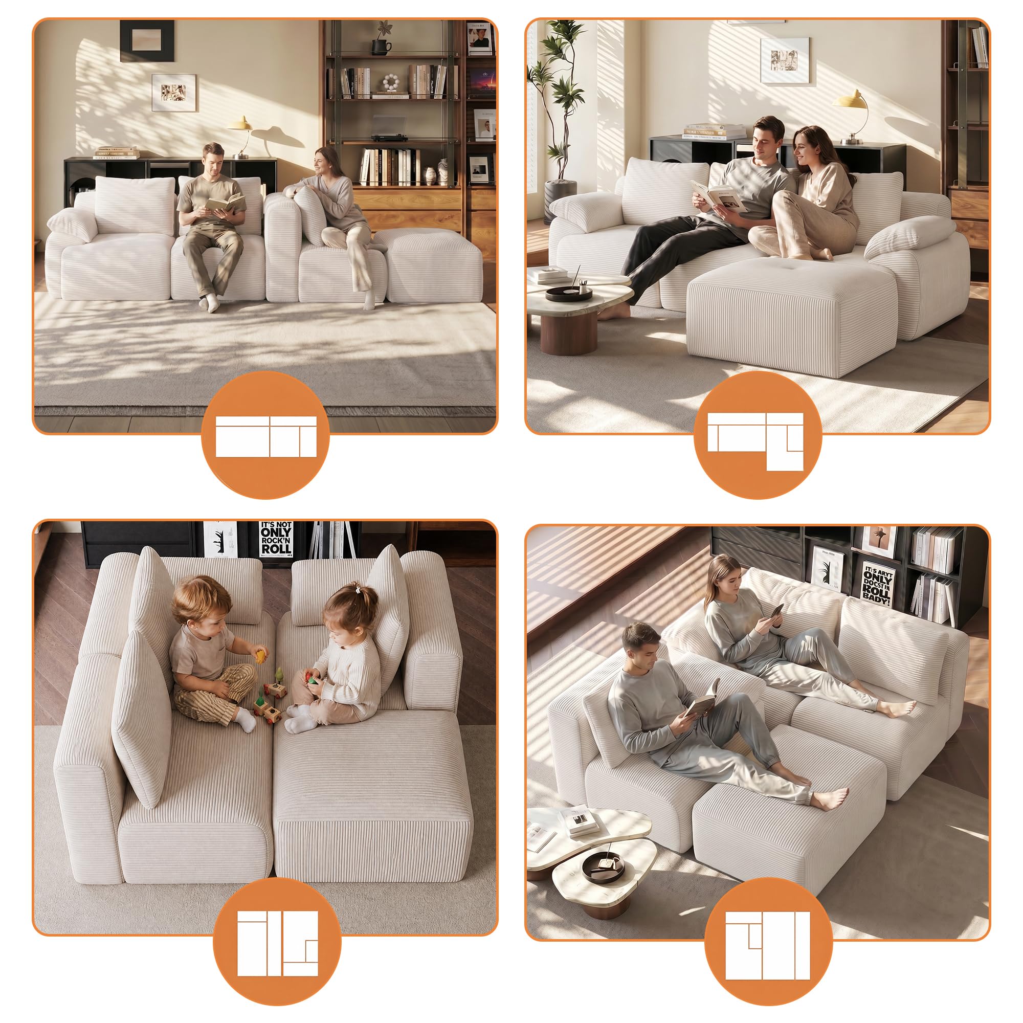 Sofá de esquina en forma de L, modular de 3 plazas, sofá apilable, combinable de forma flexible, tapizado en terciopelo acanalado, beige