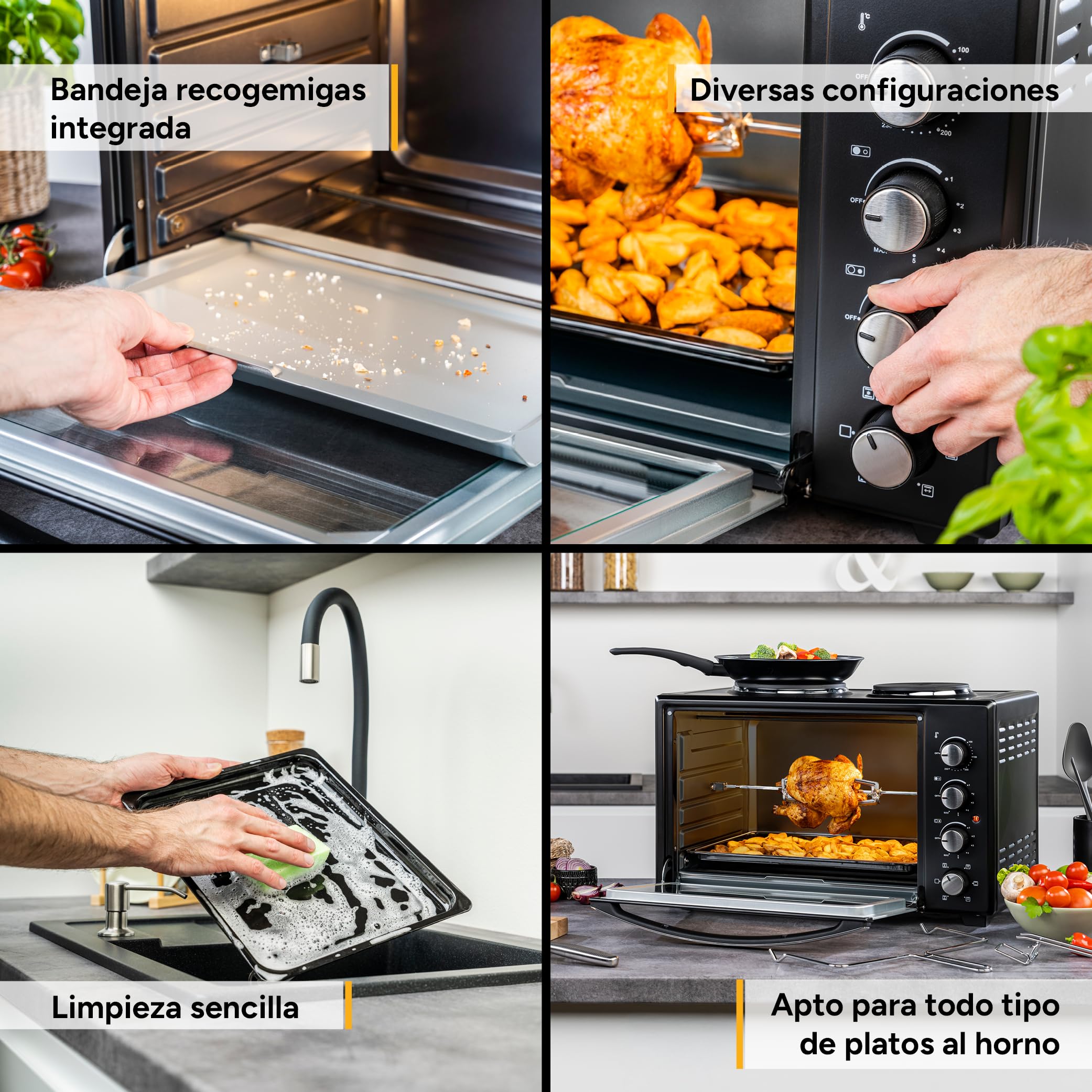 TZS First Austria - Mini Horno con quemadores 60L 3200 W - Minihorno para pizza con placas hasta 230°C y 6 modos de calentamiento - Multihorno con 4 alturas de inserción y accesorios de calidad