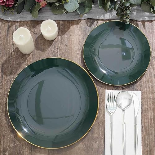Miniatura 7 de Tableclothsfactory Paquete de 10 platos llanos redondos de plástico verde esmeralda brillante de 10 pulgadas con borde dorado, platos desechables