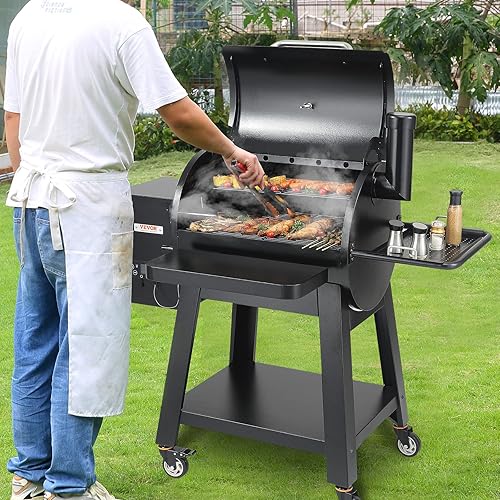 Miniatura 8 de VEVOR Parrilla ahumadora, parrilla portátil de pellets de madera con carro, parrilla de barbacoa 8 en 1 con control de temperatura PID para cocinar