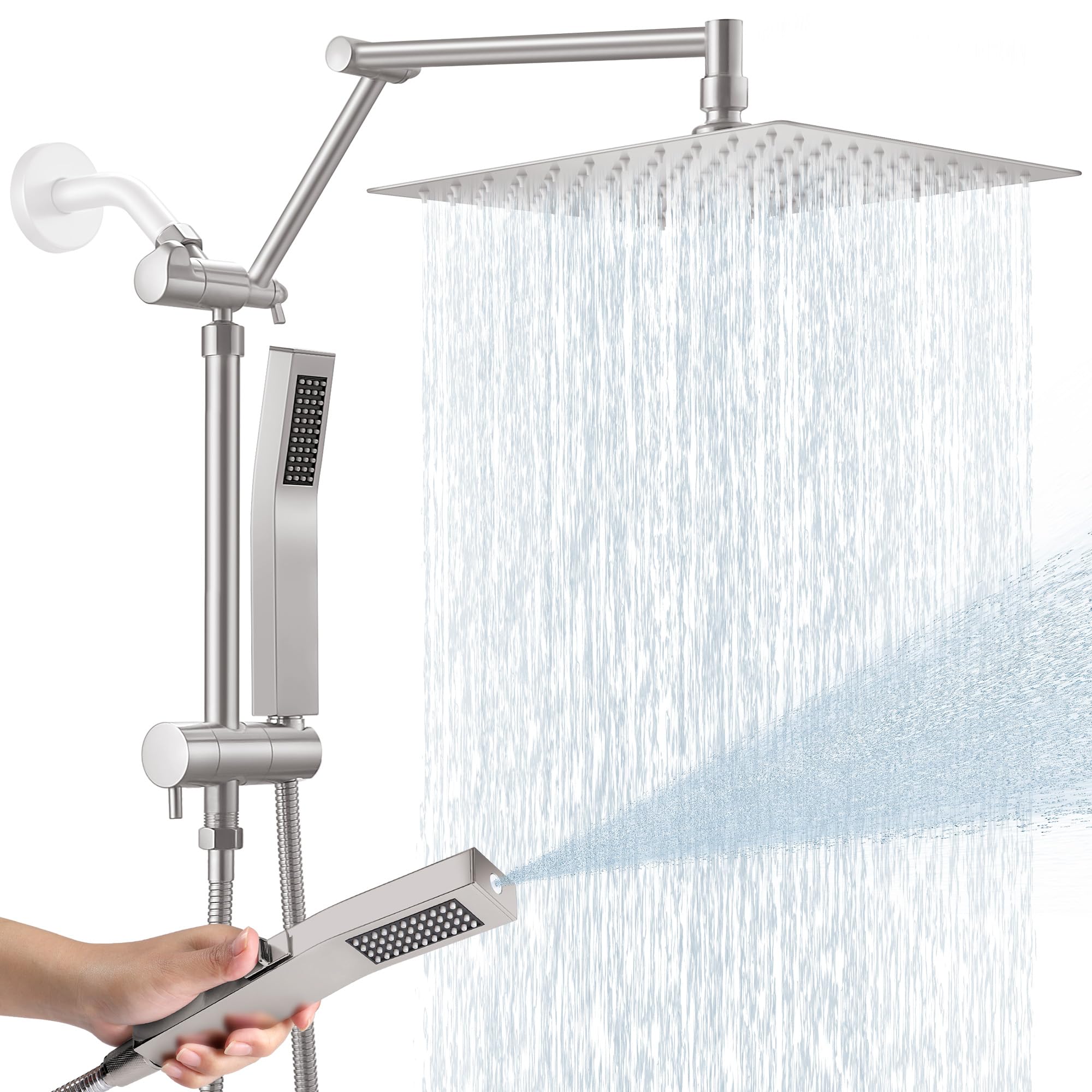 Photo 1 of **FACTORY SEALED** All Metal 10 Inch Rain Shower Head with Handheld Spray Combo, High Pressure Waterfall Rainfall Square Shower Heads with 16" Adjustable Extension Arm, Dual Showerhead with 3-Way Diverter,Brushed Nickel