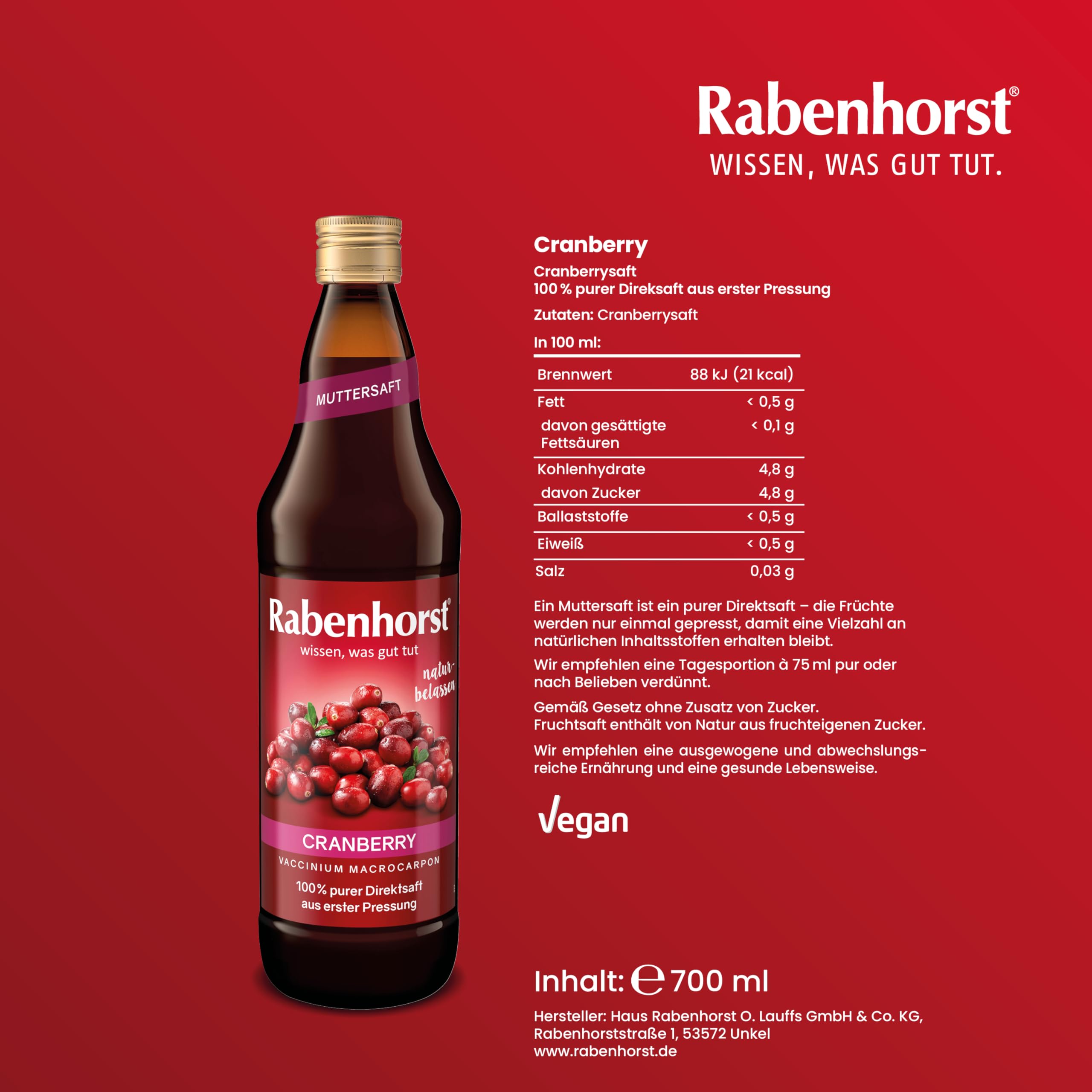RABENHORST - Cranberry Muttersaft 6er Pack (6 x 700ml) | 100% purer Direktsaft aus erster Pressung aus sorgfältig ausgewählten, original nordamerikanischen Cranberrys bester Qualität