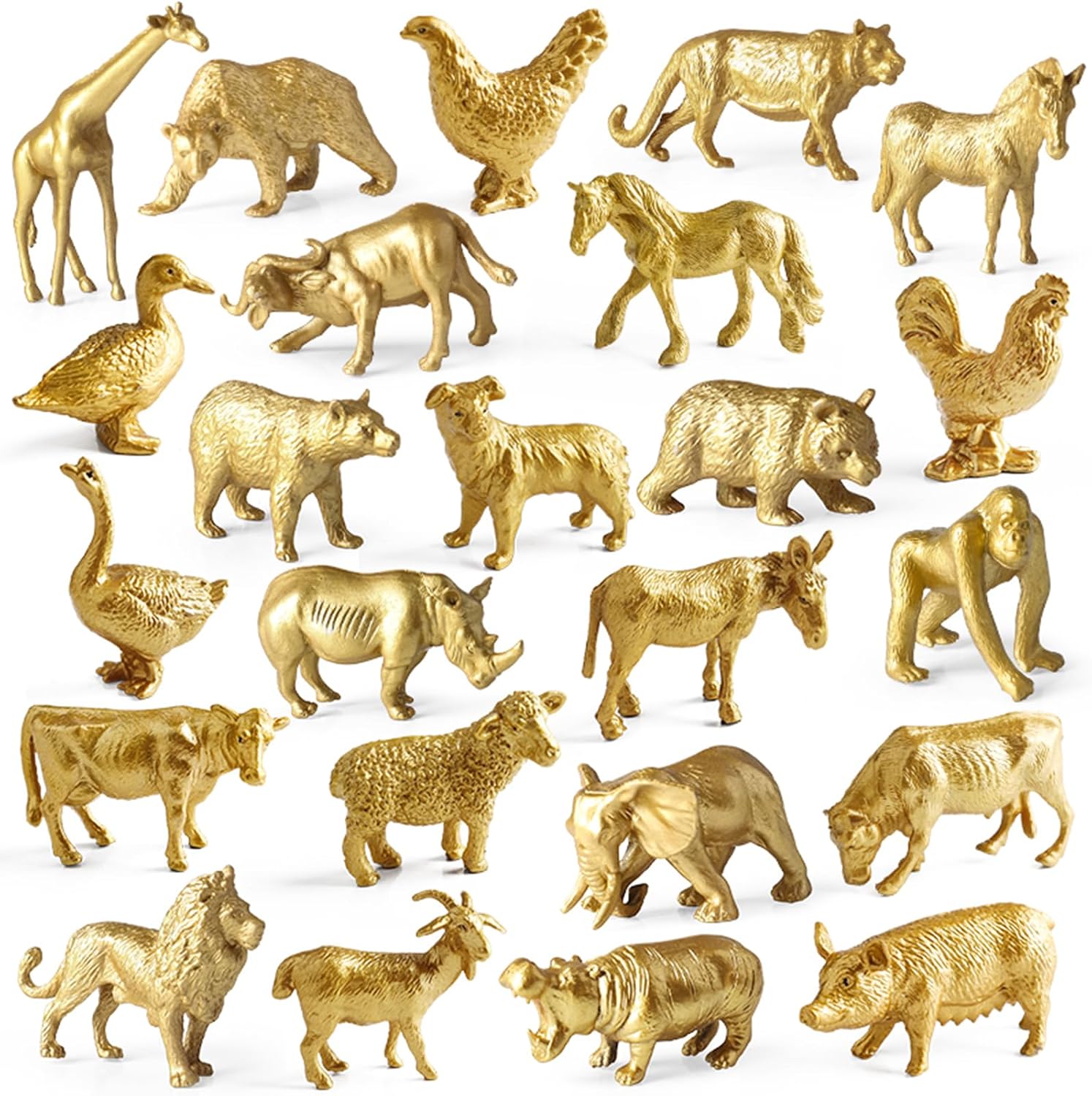 24pcs Gold Animal Figurines Toys, Plastic Safari & Farm Animals Figures, Miniature Zoo Jungle Animals for Cake Toppers Birthday Gift Party Decoration