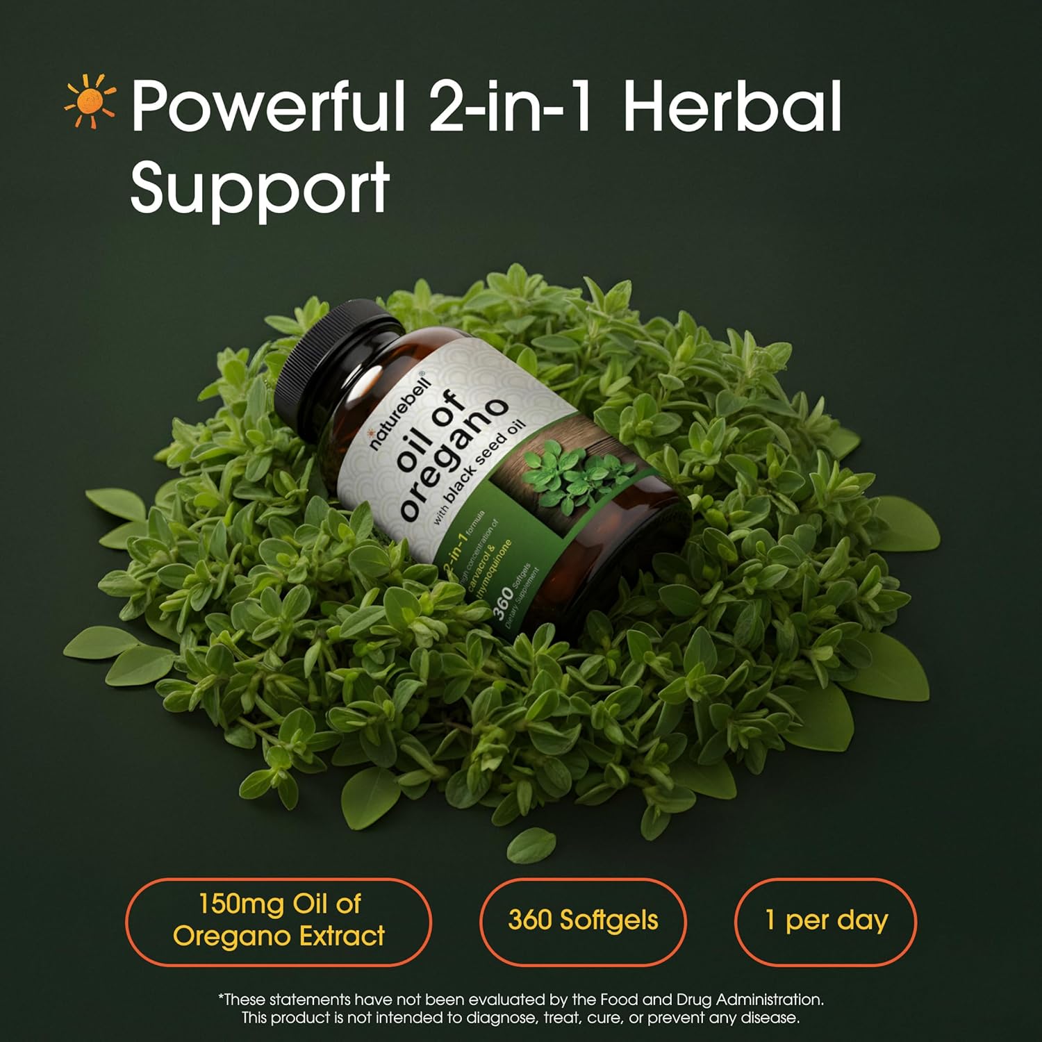 NatureBell Oil of Oregano with Black Seed Oil - 360 Softgels - 2-in-1 Herbal Complex for Immune Health* - Includes Carvacrol, Thymoquinone & Extra Virgin Olive Oil - Non-GMO