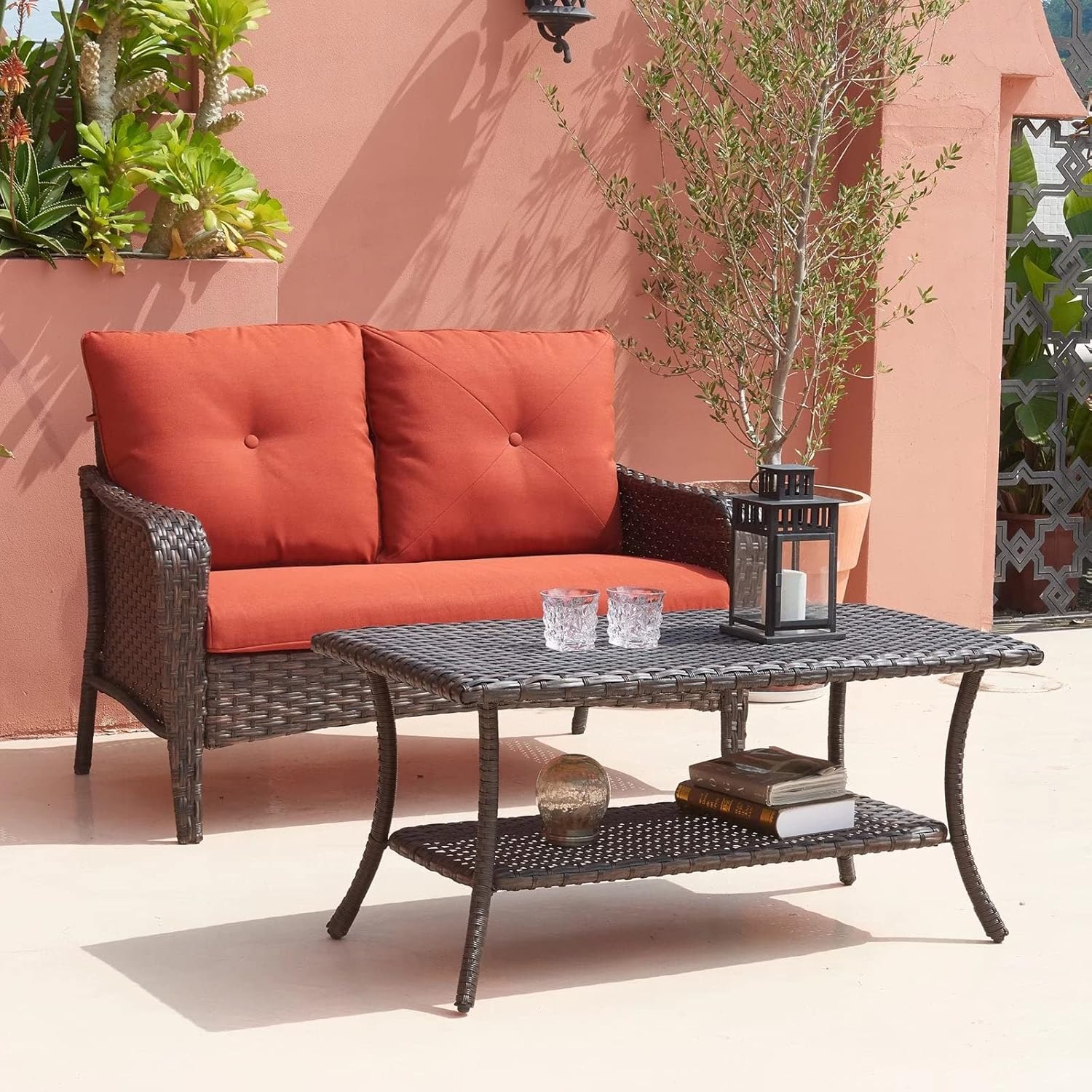 Unknown1 Outdoor Wicker Coffee Table with 2-Tier Storage Shelf Brown Rectangular Iron PVC Weather Resistant
