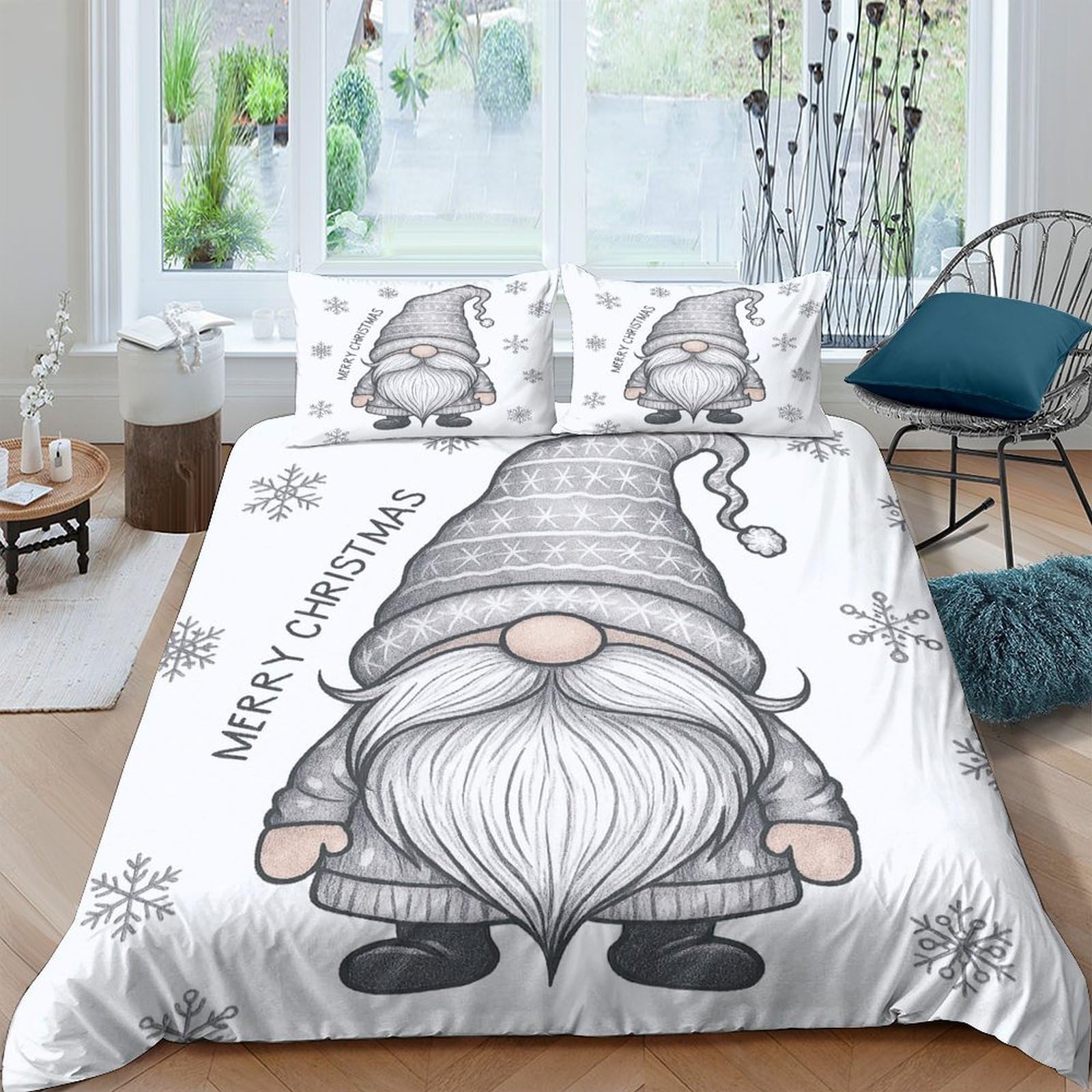 Ctjqhvkz Style-4 3D Printed Christmas Gnome Fitted Sheet Microfiber Soft Grey Snowflake Bed Cover For Bedroom Guest Room Decor Single（135X200cm）