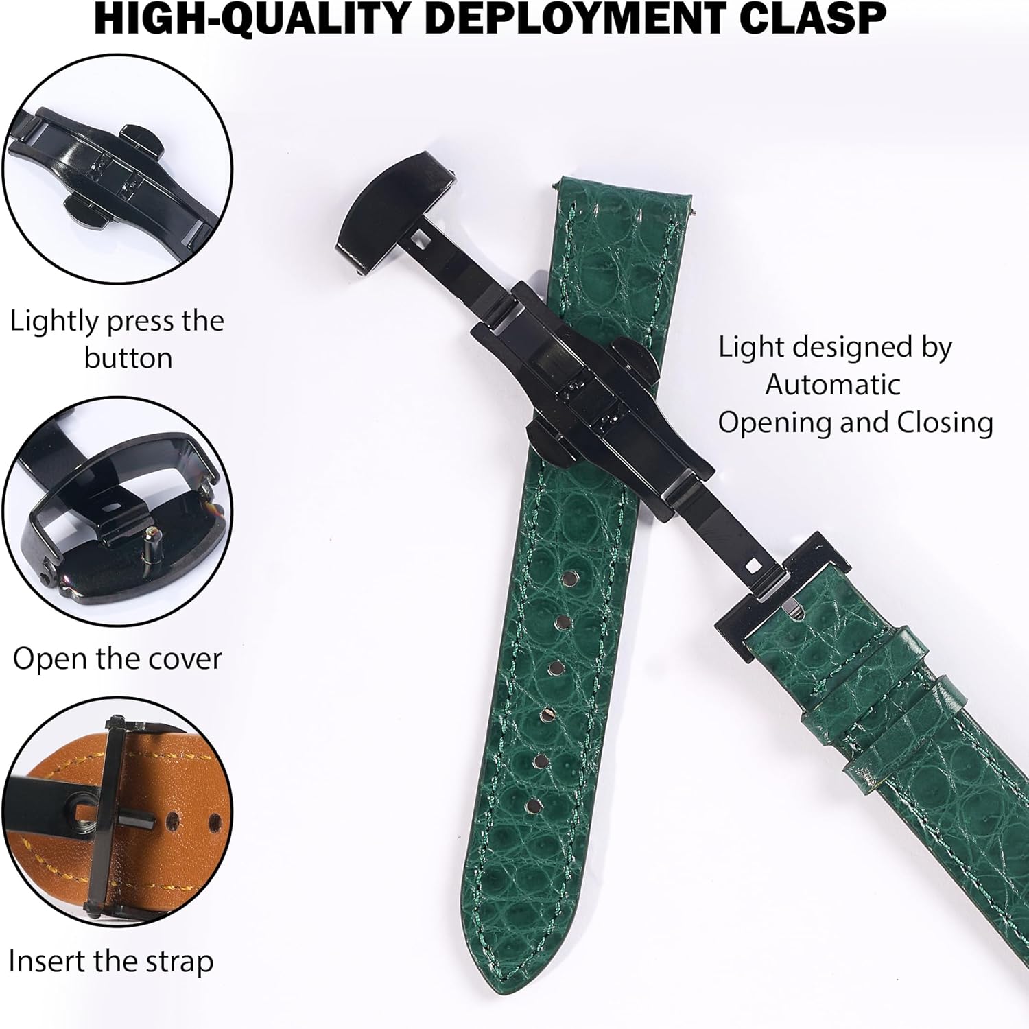 vinacreations Handmade Slim AIIi-gator Deployment Watch Band Men Quick Release Flat Croc Premium Thin Leather Strap Butterfly Clasp Replacement Bespoke 18mm 19mm 20mm 21mm 22mm 24mm