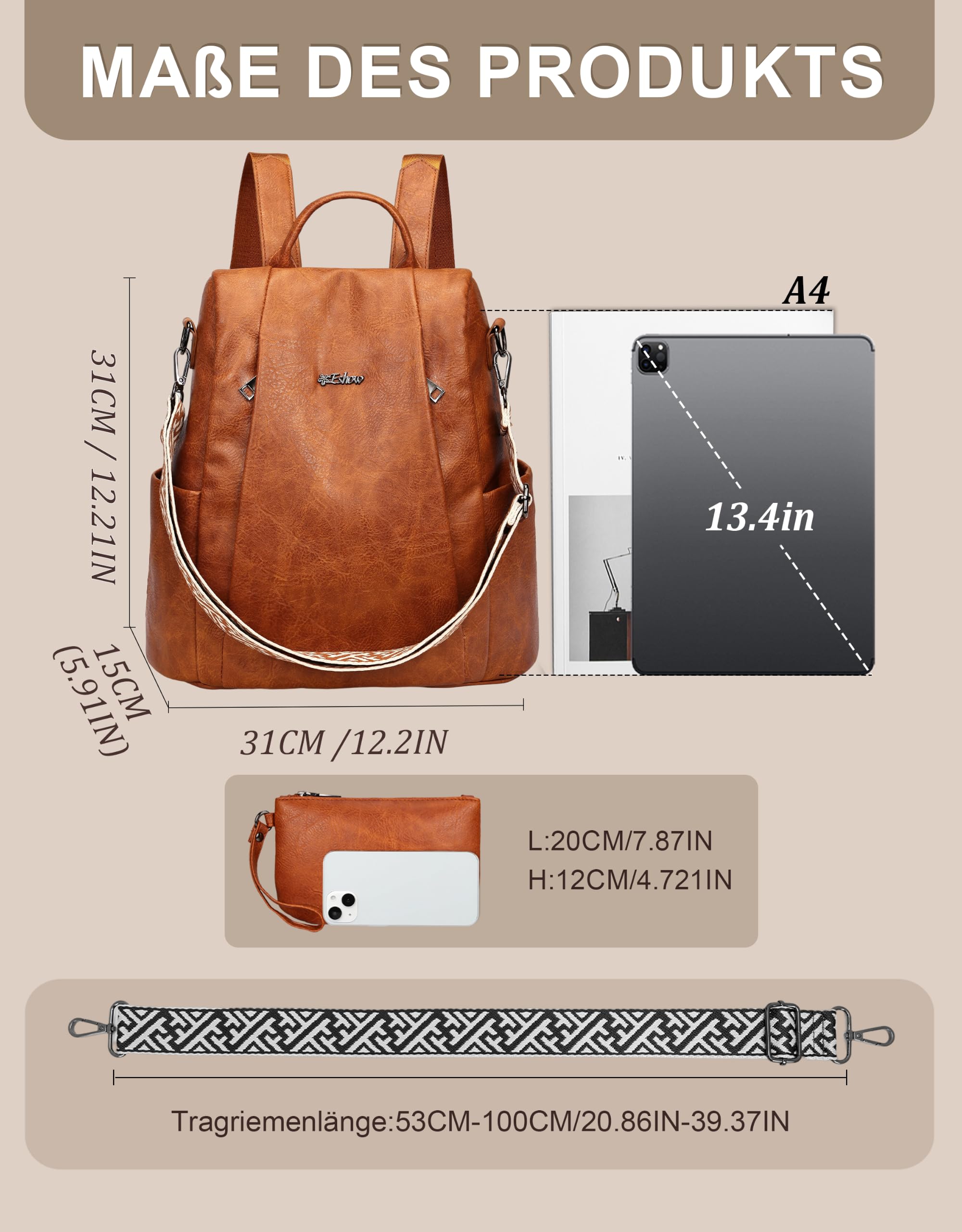 Rucksack Damen Klein Diebstahlsicher mit RFID-Blocker Braun