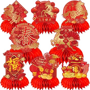 Chinese New Year Decorations 2026, 8 Pcs Happy Chinese New Year Honeycomb Centerpieces The Year of The Horse Table Centerpieces Spring Festival Red Table Topper Decor for Lunar New Year Decorations
