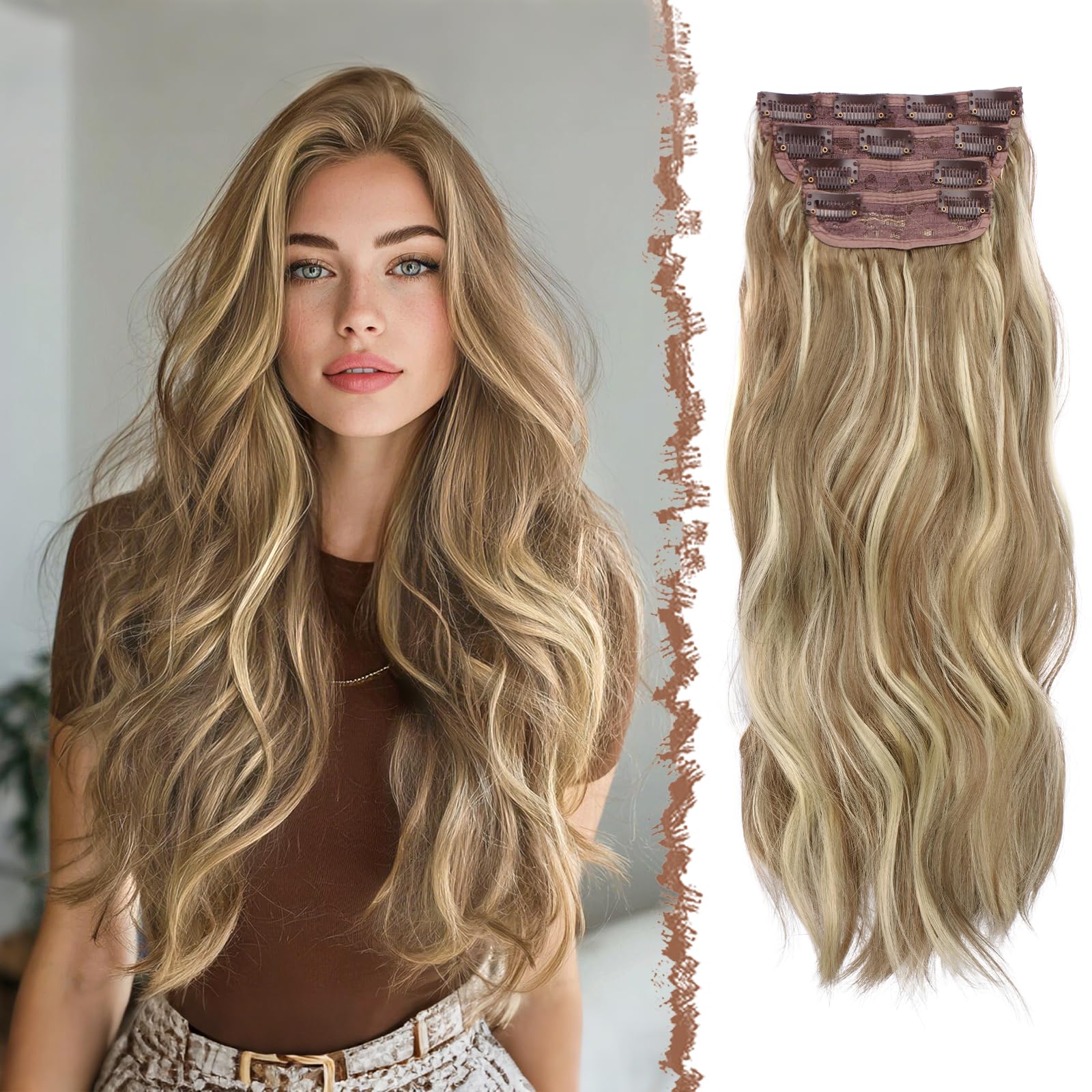 FESHFEN Clip in Extensions, 50cm 4 Stücke Lange Gewellte Hair Extensions Kunsthaar Natürliche 4PCs Synthetik Clip in Haarverlängerung für Frauen, Bahama Beige