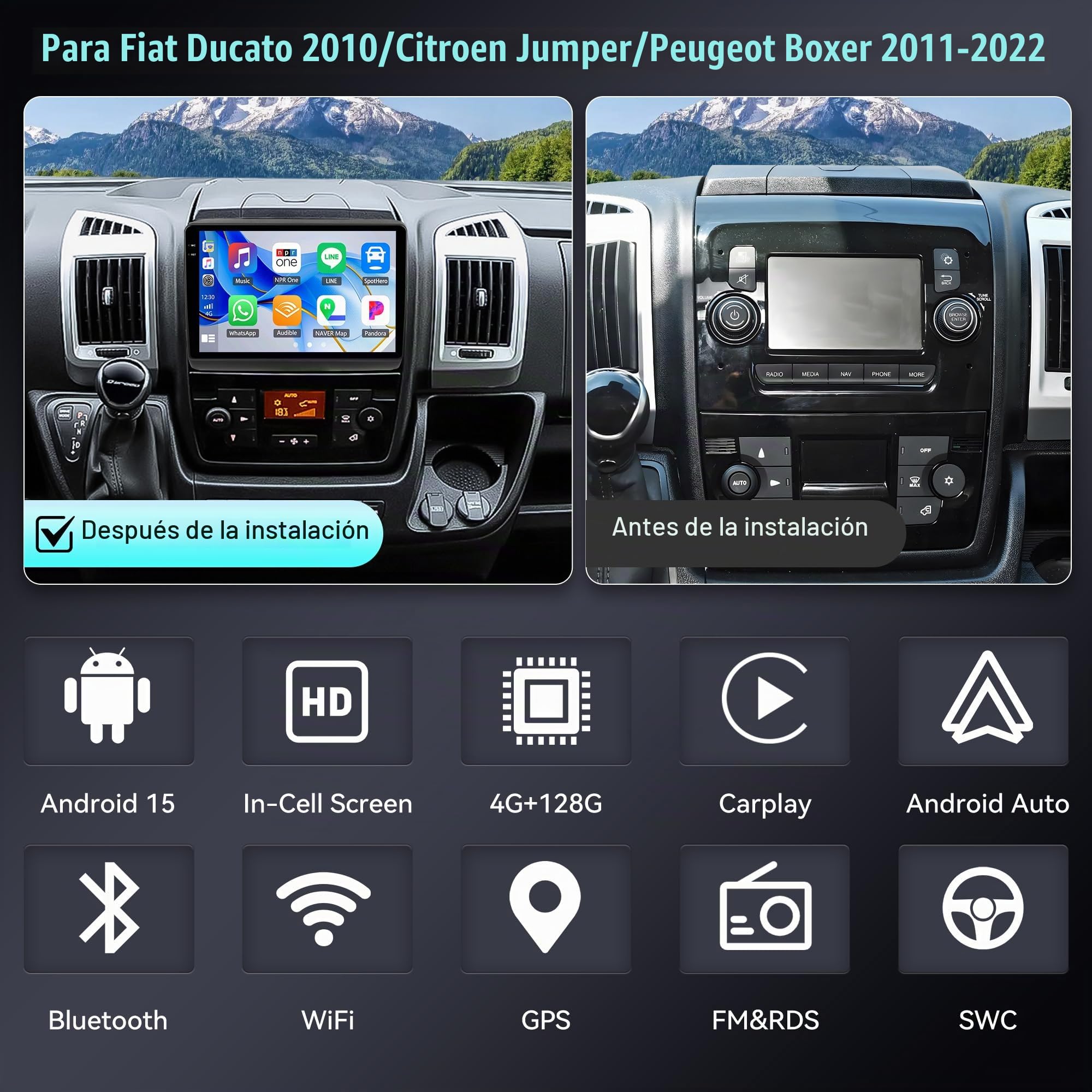 SIXWIN 4+128G Android 15 Radio Coche para Fiat DUCATO 2010/Citroen Jumper/Peugeot Boxer con CarPlay&Android Auto,9 Pulgadas Pantalla Táctil con Bluetooth/WiFi/GPS/FM/RDS/USB+AHD Cámara