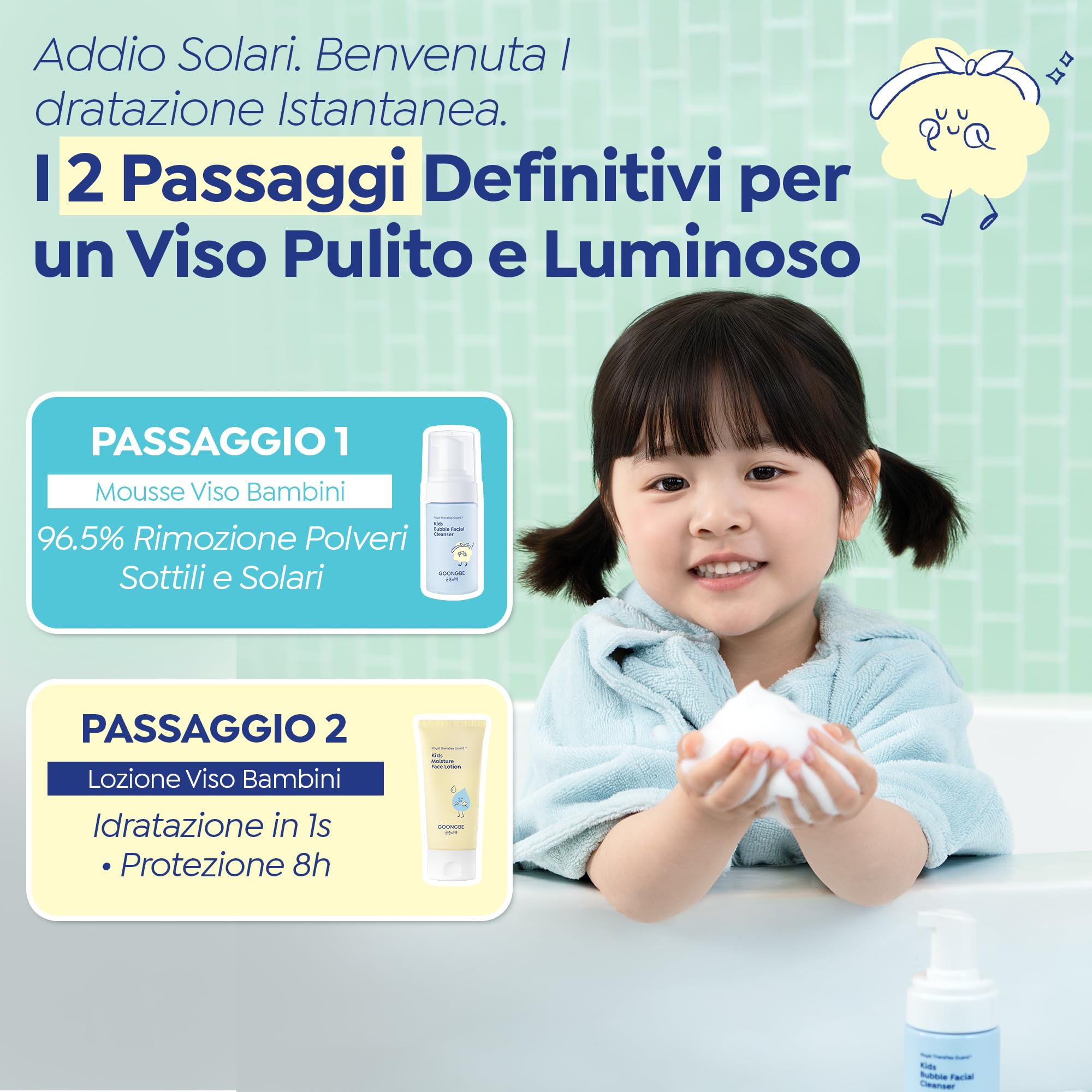 GOONGBE Lozione viso idratante per bambini, idratazione quotidiana del viso per bambini coreani, 8 ore idratante rinfrescante con Cica e Allantoina, profumo anallergico,