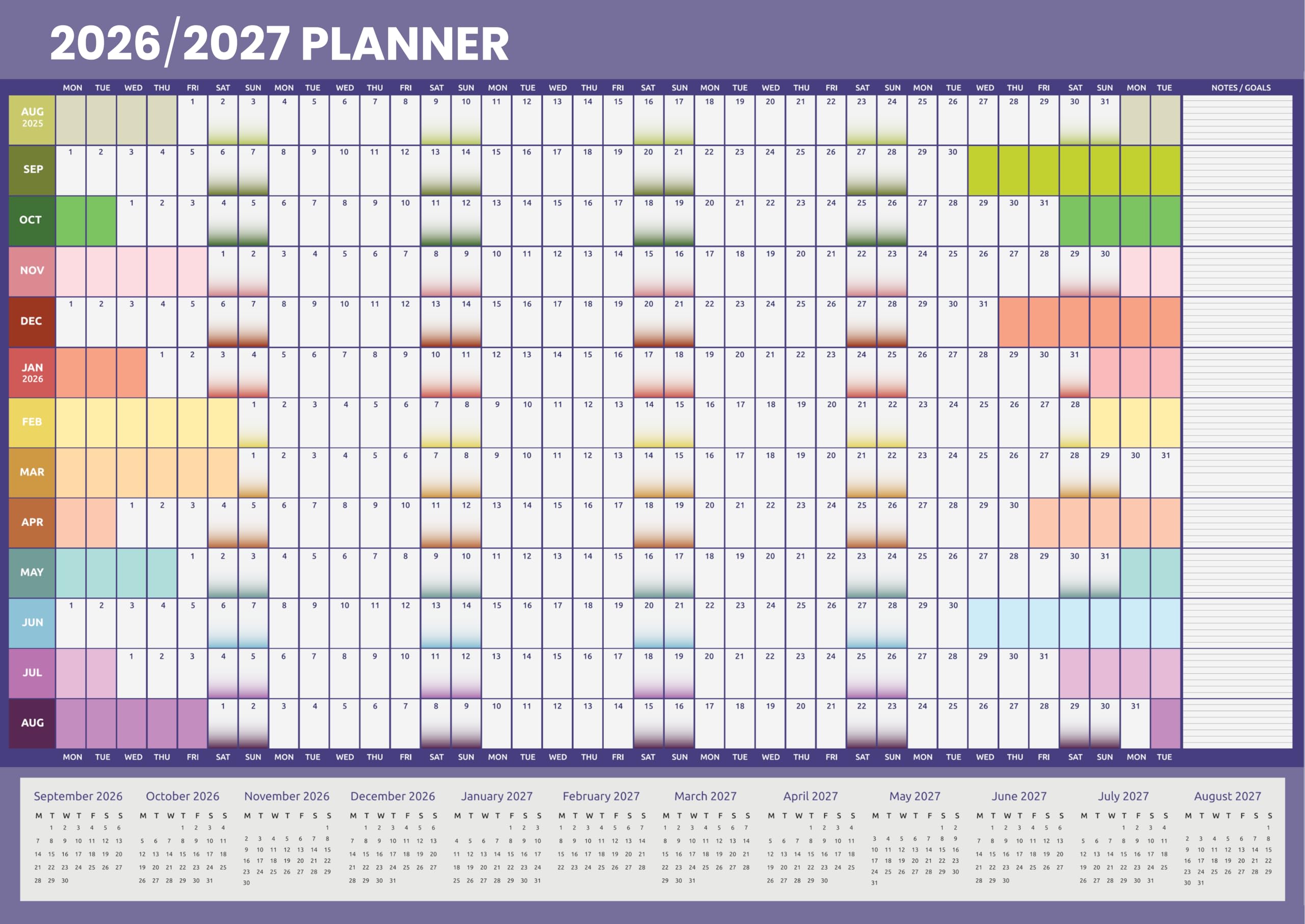 Planificador académico de pared 2026 2027, tamaño A1, calendario británico de mitad de año, 84 cm x 59 cm, organizador anual grande para profesores de escuela y estudiantes (arcoíris)