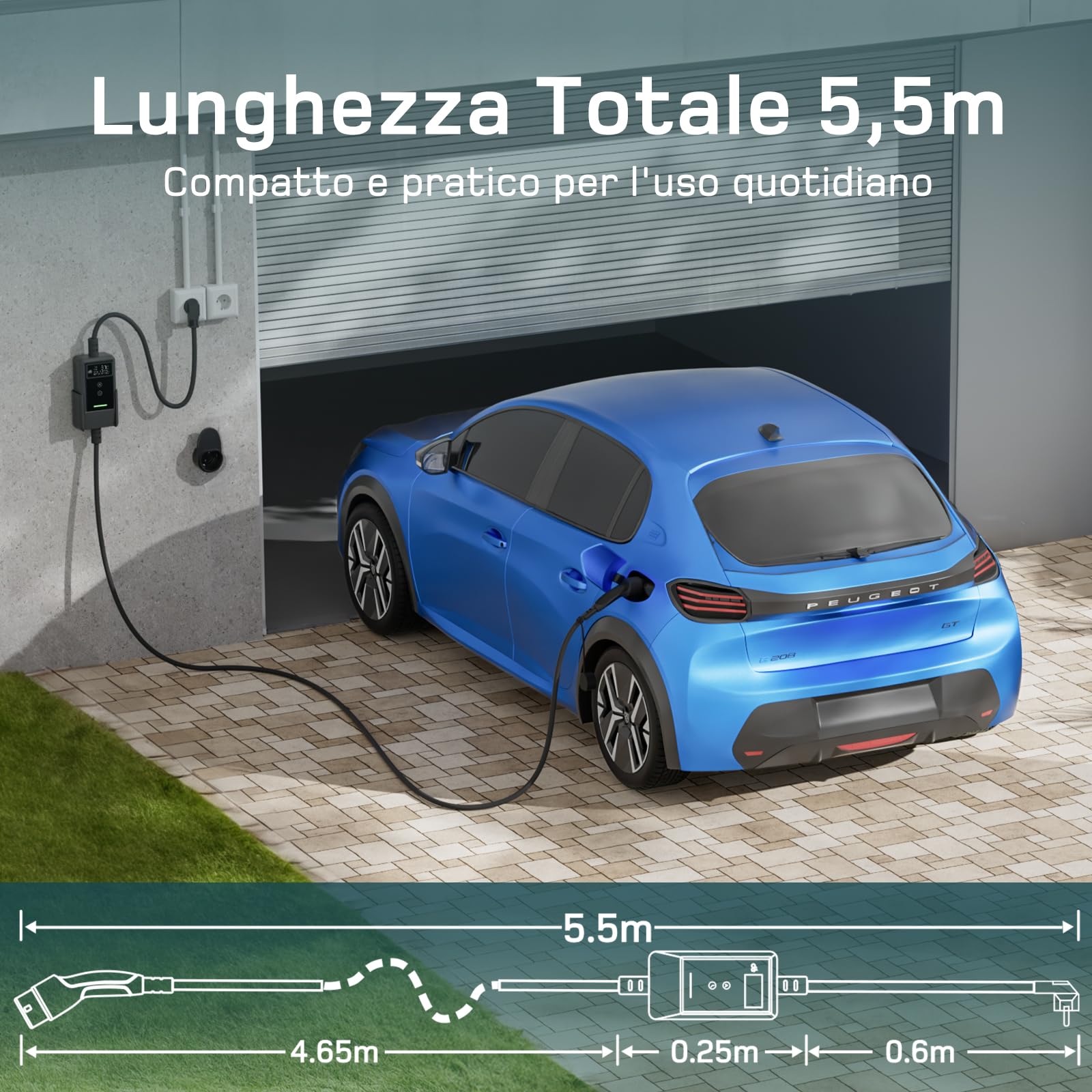 dé Cavo Ricarica Auto Elettrica Tipo 2 Schuko 3,7kW 5,5m [0,85m+4,65m, 6A-16A] Colonnina Ricarica Auto Elettrica con Supporto, con LCD Controllo Digitale Compatibile con Model Y, e208 e Altri EV/PHEV
